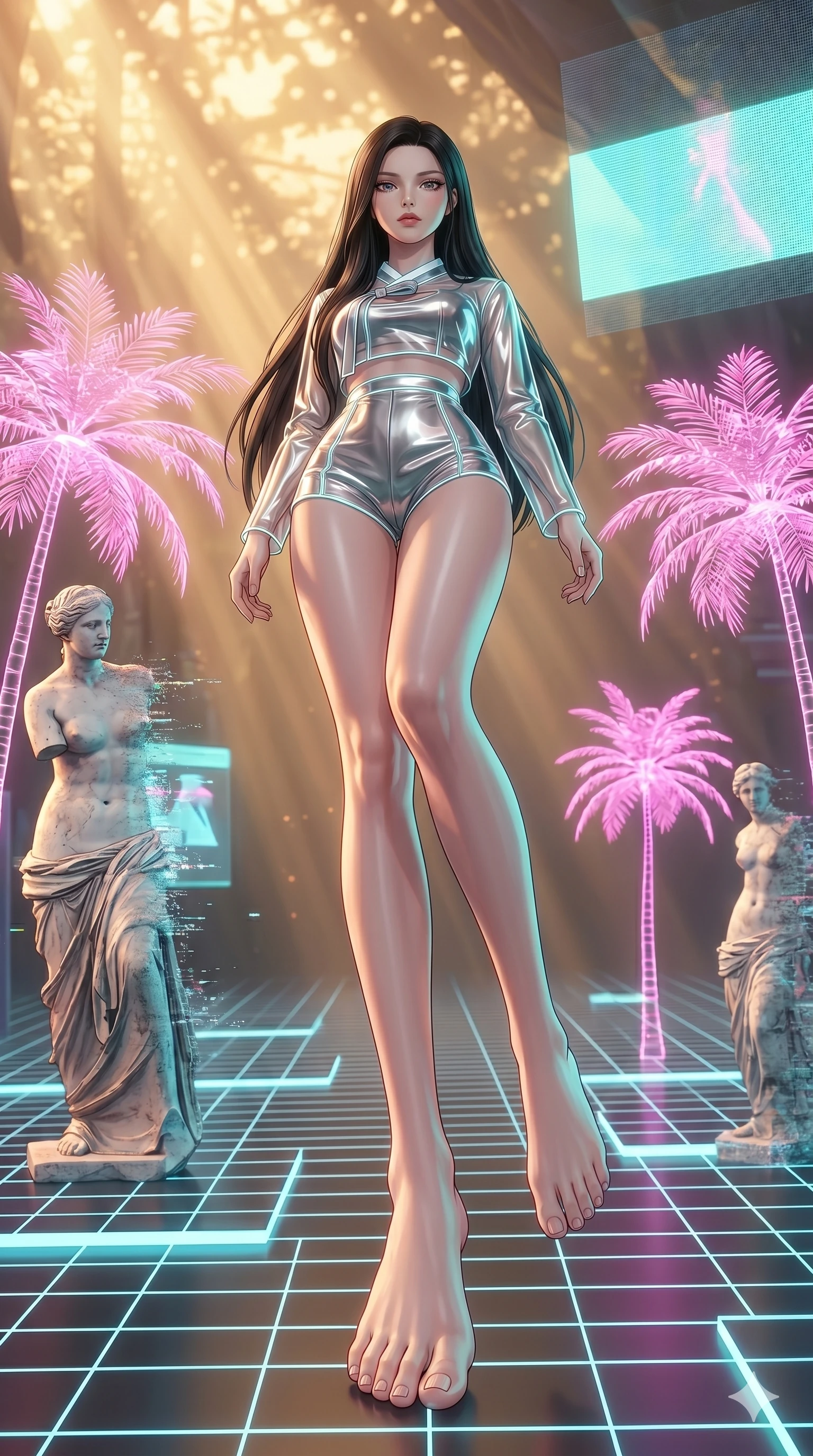 score_9, masterpiece, best quality, ultra-detailed, high-budget anime keyframe, Japanese woman. low angle full-body shot filling the entire 9:16 frame with her statuesque presence, stretching the vertical silhouette. drifting through a holographic vaporwave oasis with floating grid floors, lo-fi marble statues, and glowing pink palms. She has an absolutely perfect 8-heads proportion, an exceptionally tall and slender female figure with impossibly long slender legs and an ultra-slim waist. V-shaped jawline, high-bridge nose, intricate jewel-like eyes with depth, thick eyelashes, glossy lips with a natural sheen.. wearing a vinyl liquid mercury fusion hanbok, featuring a translucent chrome-silver vinyl jeogori and high-waist micro-shorts, detailed with glowing neon wire trims and a tasteful chest slit. showcasing a beautiful play of light and shadow, with warm golden rays clashing against cool cyan highlights. 2k, ultra detail, master piece, 9:16 ratio
