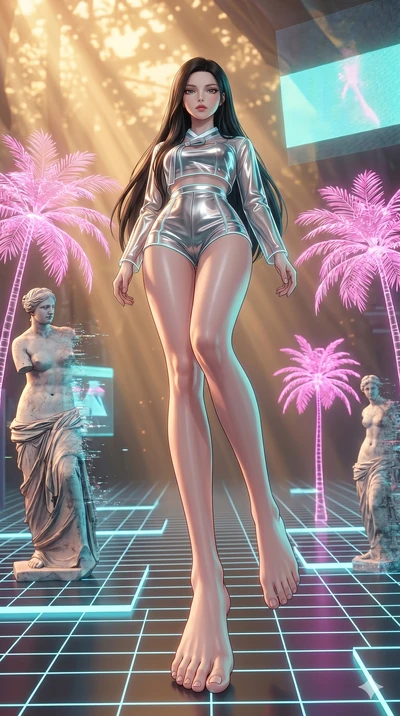 score_9, masterpiece, best quality, ultra-detailed, high-budget anime keyframe, Japanese woman. low angle full-body shot filling the entire 9:16 frame with her statuesque presence, stretching the vertical silhouette. drifting through a holographic va
