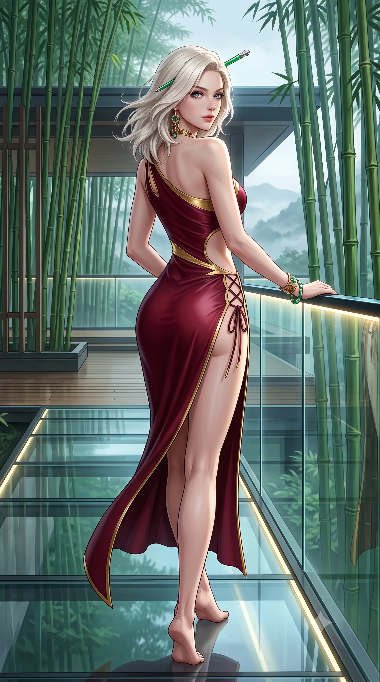 score_9, masterpiece, best quality, ultra-detailed, high-budget anime keyframe, semi-realistic 3D game render, editorial fashion photography, tasteful artistic composition, Caucasian woman. low angle full-body shot from head to toe showing her feet, filling the entire 9:16 vertical frame with her statuesque presence, stretching her vertical silhouette. walking along the terrace with poise, looking back over her bare shoulder with an irresistible smoldering bedroom-gaze while leaning against the illuminated glass railing with hips cocked back, looking through towering green bamboo stalks with an intoxicating bedroom-gaze. The surrounding environment is rendered in vivid detail and crisp panoramic clarity: detailed modern cheongsam-cut sheer mesh dress tailoring, jade hair stick gleam, and precision Japanese joinery in razor-sharp precision. She has an absolutely perfect, statuesque 8.5-heads proportion, an exceptionally tall and slender model-like female figure with impossibly long slender legs, an ultra-slim waist, a flat toned midriff, narrow delicate ribcage, and beautifully sculpted feminine hips creating a graceful, slim hourglass silhouette without any bulky heaviness. sharp v-shaped jawline, high-bridge nose, sparkling eyes with hypnotic seductive depth, thick curled eyelashes, glossy parted lips with a natural dewy peach sheen, alluring bedroom-eyes with an enchanting coquettish smile, exuding magnetic siren charisma and sophisticated glamour, flawlessly proportioned anatomical accuracy, strict slender model proportions, natural body alignment, perfectly sculpted long slender limbs, ultra-slim waistline, clean dynamic posture without body distortion. wearing an asymmetric one-shoulder liquid jersey gown with dramatic hip-high slit and sculptural waist cutout in Belle Époque bordeaux and gilded 24k gold, woven from buttery-soft stretch lambskin leather adhering to her body like a second skin, featuring fine criss-cross lace-up side ties revealing tantalizing glimpses of her hip curve, the second-skin tailored fabric adhering flawlessly to her sculpted flat midriff and slender torso, emphasizing her long leg lines and perfectly proportioned willowy build. illuminated by glass walkway reflection bounce and sharp jade-platinum rim lights defining her razor-sharp jawline, narrow waist, and curvy hips. highly saturated vibrant anime colors, detailed shading with soft gradients, rich glossy textures, high-contrast stereoscopic depth, volumetric dynamic lighting, master piece, 9:16 ratio
