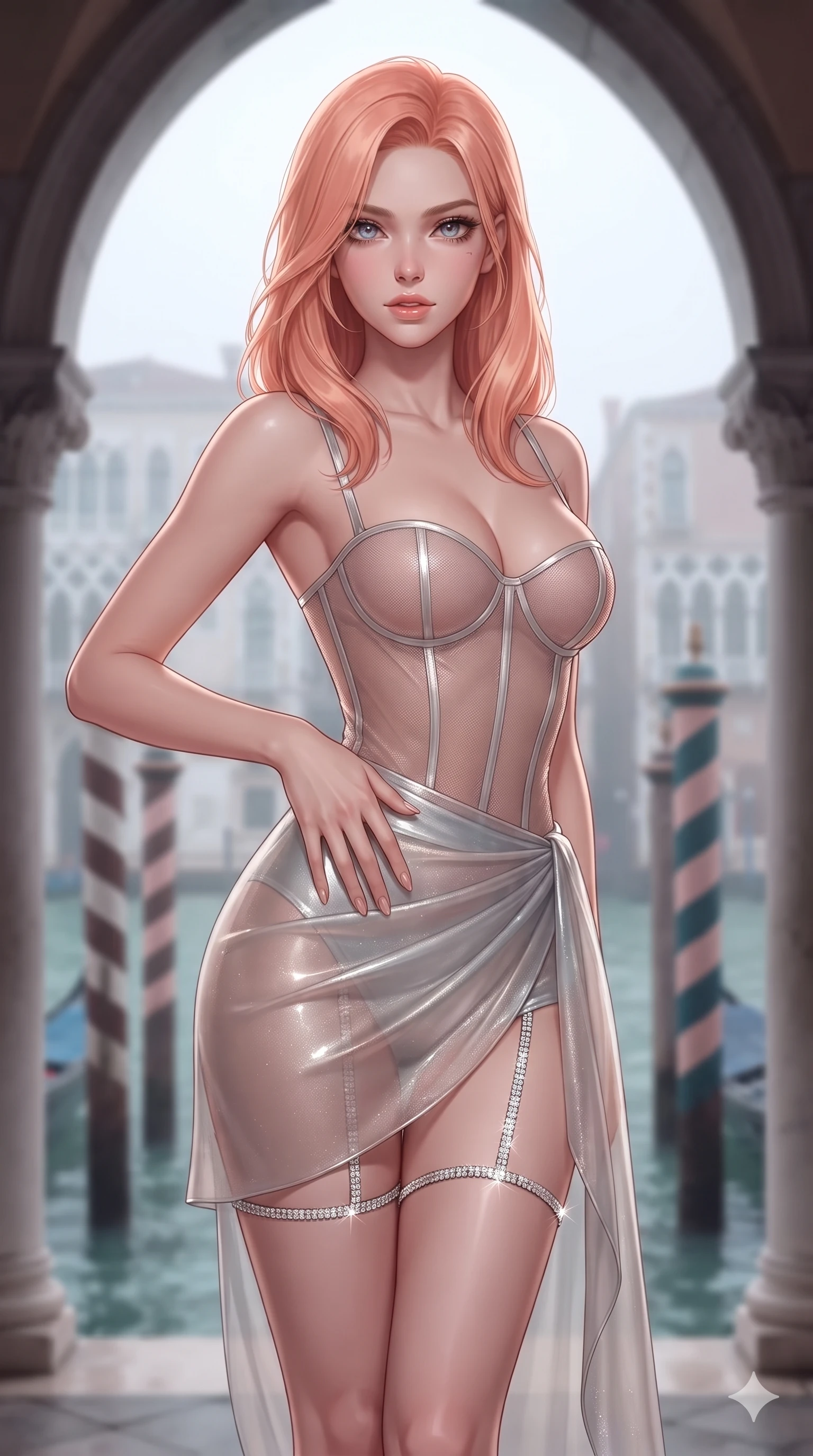 score_9, masterpiece, best quality, ultra-detailed, high-budget anime keyframe, semi-realistic 3D game render, editorial fashion photography, tasteful artistic composition, Japanese woman. close-up cowboy shot from the waist and thighs up, the character dominates the composition, filling the frame with her large presence. resting one manicured hand delicately on her hip bone, her upper body turning in a fluid, seductive S-curve while parted lips glisten in the light while standing poised between towering Venetian Gothic tracery arches, twisting her slender torso in an alluring contrapposto stance above the water. The composition keeps background elements in soft focus with creamy bokeh: mist-veiled Grand Canal waters, striped wooden gondola mooring poles, and distant gothic palazzo facades blurred into aquamarine, rose, and misty silver bokeh. She has an exceptionally elegant, slender, and willowy female figure with an ultra-slim waist, flat toned midriff, narrow ribcage, and sculpted feminine hips creating an alluring, slim hourglass silhouette without bulk. sharp v-shaped jawline, high-bridge nose, intricate jewel-like eyes with depth, thick eyelashes, glossy parted lips with a natural sheen, intensely captivating and seductive bedroom-eyes expression, flawlessly proportioned anatomical accuracy, strict slender model proportions, natural body alignment, perfectly sculpted long slender limbs, ultra-slim waistline, clean dynamic posture without body distortion. wearing a provocative translucent mesh corset bodice with boned satin channels paired with a sheer chiffon wrap skirt in liquid mercury silver and pearl shimmer, tailored from high-gloss patent leather with mirror-like specular highlights, finished with delicate crystal-encrusted thigh garter straps glinting in the dim light, the glove-like clinging cut tightly following the natural contour of her hips and long slender legs with youthful 8.5-heads elegance. highly saturated vibrant anime colors, detailed shading with soft gradients, crisp rim lighting defining her jawline, narrow waist, and curvy hips. highly saturated vibrant anime colors, detailed shading with soft gradients, rich glossy textures, high-contrast stereoscopic depth, volumetric dynamic lighting, master piece, 9:16 ratio