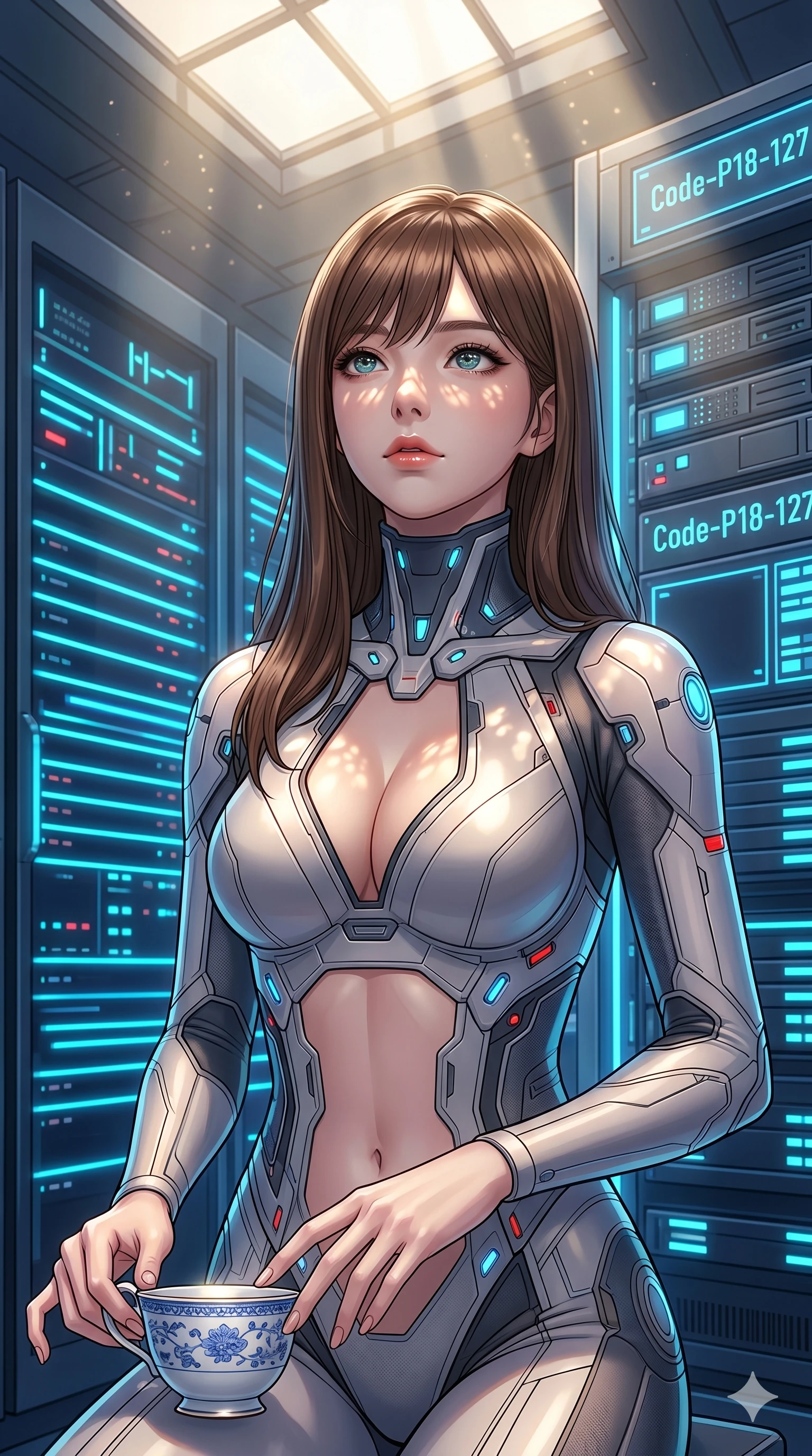 score_9, masterpiece, best quality, ultra-detailed, high-budget anime keyframe, editorial fashion photography, tasteful artistic composition, Korean woman. cowboy shot from the thighs up, character and outfit filling the frame for maximum editorial presence. resting her fingers on a porcelain tea cup, looking up with a gentle gaze inside a digital server room with rows of pulsing neon blue light lines (Code-P18-127). She has an absolutely perfect 8-heads proportion, an exceptionally tall and slender female figure with impossibly long slender legs and an ultra-slim waist. V-shaped jawline, high-bridge nose, intricate jewel-like eyes with depth, thick eyelashes, glossy lips with a natural sheen. wearing a cybernetic bodysuit with exposed midriff and plunging neck. soft morning sunbeams filtering through the skylight, highlighting her high-bridge nose. 2k, ultra detail, master piece, 9:16 ratio