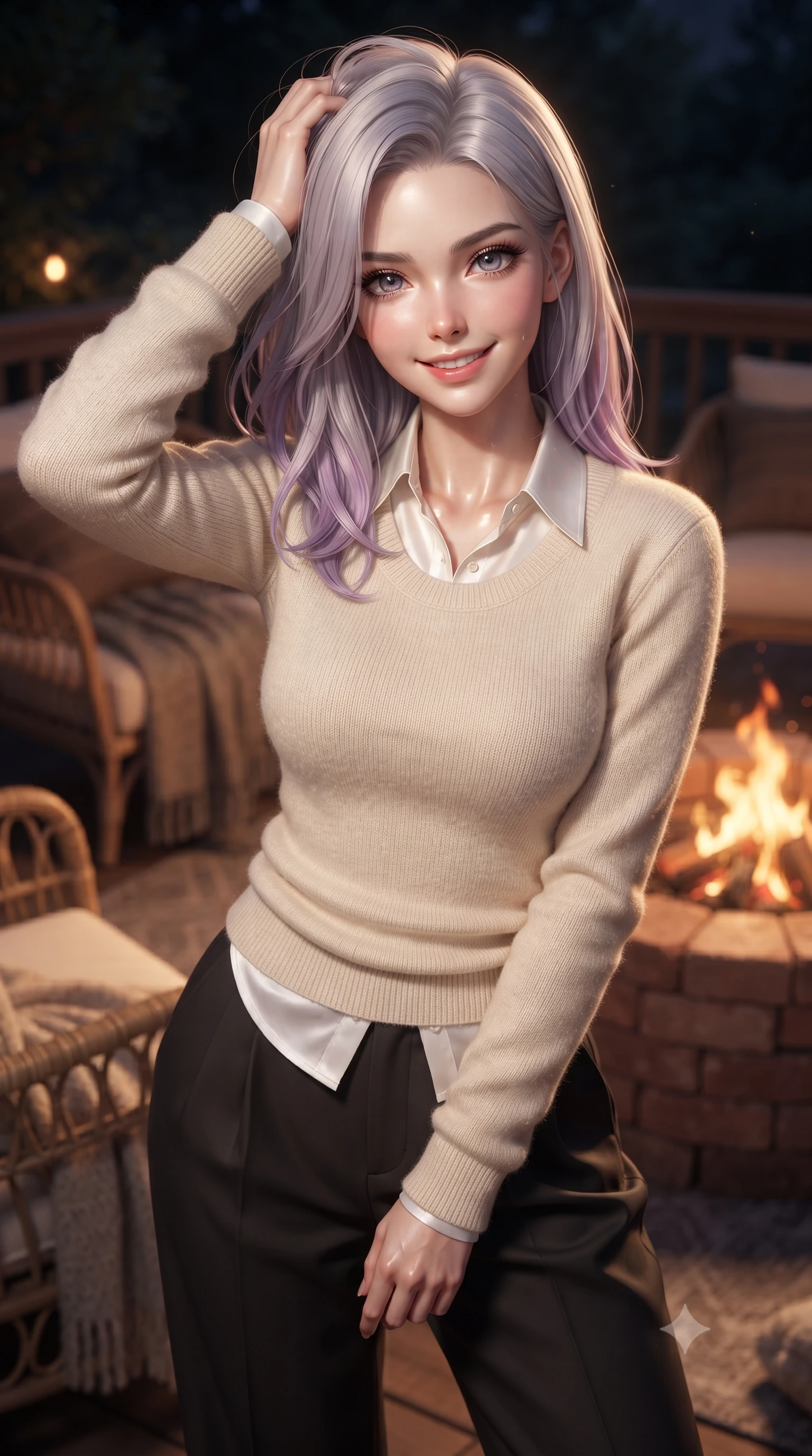 score_9, masterpiece, best quality, ultra-detailed, high-budget anime keyframe, editorial fashion photography, tasteful artistic composition, Caucasian woman. close-up cowboy shot from the waist and thighs up, the character dominates the composition, filling the frame with her large presence, background elements kept in soft focus. smiling with quiet, magnetic self-assurance directly into the camera, running a hand through her hair the background shows a soft-focus a cozy outdoor lounge area with rattan chairs, wool blankets, and a brick fire pit. She has an exceptionally elegant, slender, and willowy female figure with an ultra-slim waist, a gracefully sculpted slender torso, and a refined silhouette. sharp v-shaped jawline, high-bridge nose, intricate jewel-like eyes with depth, thick eyelashes, glossy lips with a natural sheen. wearing a body-hugging comfortable cream cashmere knit sweater worn over a white silk button-down shirt and relaxed slacks. the warm orange flicker of the campfire casting cozy, intimate shadows. ultra-reflective glossy finish, specular highlights, metallic sheen, high-contrast stereoscopic depth, volumetric dynamic lighting, 2k, ultra detail, master piece, 9:16 ratio