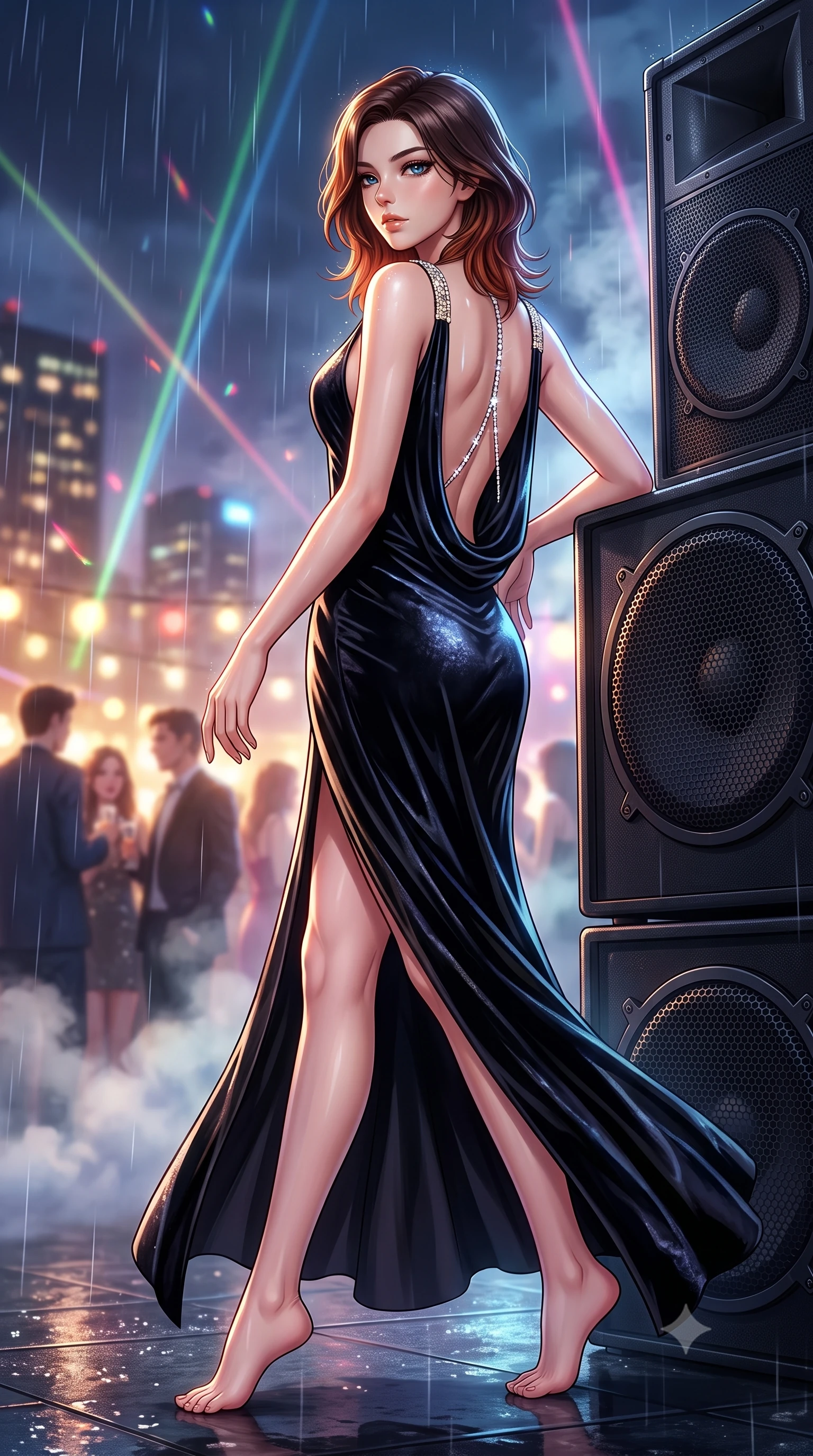 score_9, masterpiece, best quality, ultra-detailed, high-budget anime keyframe, semi-realistic 3D game render, editorial fashion photography, tasteful artistic composition, Korean woman. low angle full-body shot from head to toe showing her feet, filling the entire 9:16 vertical frame with her statuesque presence, stretching her vertical silhouette. stepping forward gracefully in mid-motion, displaying her toned flat midriff and flawlessly sculpted slender limbs while leaning against a heavy subwoofer speaker stack with confident Y2K attitude and flawless vertical posture. The composition keeps background elements in soft focus with creamy bokeh. drifting smoke machine haze and falling raindrops catching laser beam motes across the rooftop. She has an absolutely perfect, statuesque 8.5-heads proportion, an exceptionally tall and slender model-like female figure with impossibly long slender legs, a toned flat midriff, and an ultra-slim waist. sharp v-shaped jawline, high-bridge nose, intricate jewel-like eyes with depth, thick eyelashes, glossy lips with a natural sheen, captivating and magnetic expression, flawlessly proportioned anatomical accuracy, strict slender model proportions, natural body alignment, perfectly sculpted long slender limbs, ultra-slim waistline, clean dynamic posture without body distortion. wearing an opulent backless black velvet evening gown with a plunging cowl back and diamond-encrusted shoulder straps in midnight black and liquid gold, crafted from heavyweight crushed silk velvet with liquid luster, accented with a glittering diamond back chain tracing her bare spine edition #22, the breezy yet form-flattering drape swaying gracefully with her steps, accentuating her long willowy limbs and slim waistline. surrounded by a vibrant, fearless, and passionately energetic Y2K party queen aura. highly saturated vibrant anime colors, detailed shading with soft gradients, rich glossy textures, high-contrast stereoscopic depth, volumetric dynamic lighting, master piece, 9:16 ratio