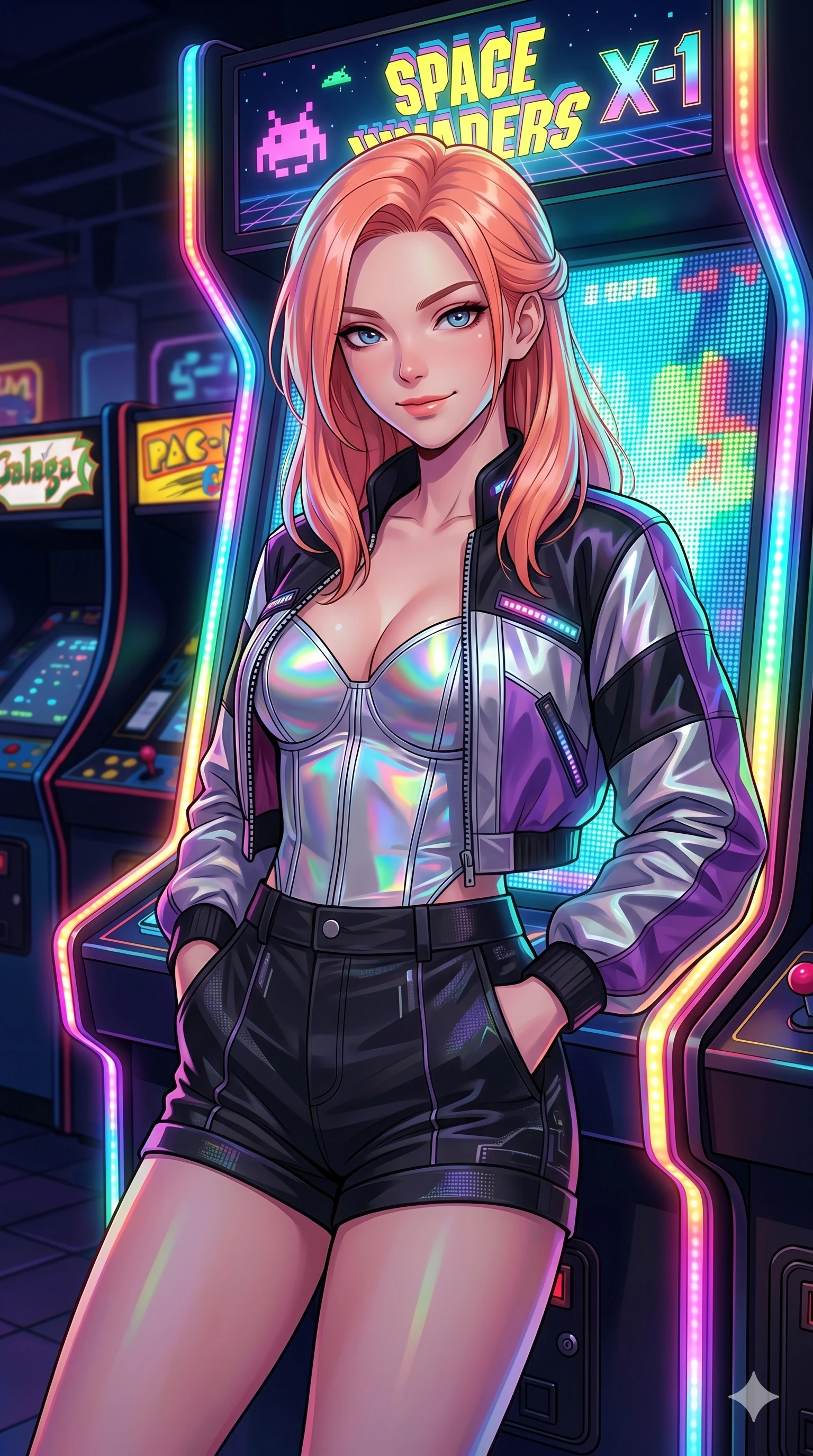 score_9, masterpiece, best quality, ultra-detailed, high-budget anime keyframe, Japanese woman. Upper body close-up from the thighs up, character filling the screen for maximum presence. Standing in front of a glowing retro arcade cabinet, leaning back against the cabinet, looking at the camera with a confident smile. She is wearing a cropped retro-future bomber jacket, structured silver bodice, and mini-shorts. The scene is bathed in the flickering multi-colored neon light of the arcade screen. 2k, ultra detail, master piece, 9:16 ratio