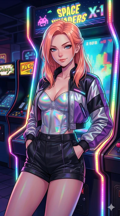 score_9, masterpiece, best quality, ultra-detailed, high-budget anime keyframe, Japanese woman. Upper body close-up from the thighs up, character filling the screen for maximum presence. Standing in front of a glowing retro arcade cabinet, leaning ba