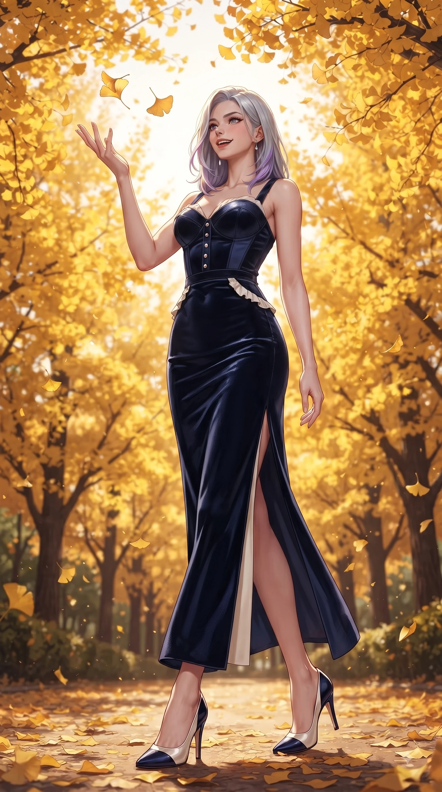 score_9, masterpiece, best quality, ultra-detailed, high-budget anime keyframe, editorial fashion photography, tasteful artistic composition, Caucasian woman. low angle full-body shot from head to toe showing her feet, filling the entire 9:16 vertical frame with her statuesque presence, stretching her vertical silhouette. Statuesque haughty posture with a cool, sharp glance and composed high-fashion elegance while reaching up playfully to catch a golden ginkgo leaf in mid-air with a joyful smile. The surrounding environment is rendered in vivid detail and crisp panoramic clarity. vibrant autumn sunlight scattering through golden leaves with high environmental clarity. She has an absolutely perfect, statuesque 8.5-heads proportion, an exceptionally tall and slender model-like female figure with impossibly long slender legs and an ultra-slim waist. sharp v-shaped jawline, high-bridge nose, intricate jewel-like eyes with depth, thick eyelashes, glossy lips with a natural sheen, flawlessly proportioned anatomical accuracy, natural body alignment, perfectly sculpted elegant limbs, clean dynamic posture without body distortion. wearing a sleek dark navy velvet bustier gown with a deep slit and metallic accents in royal navy blue and pure ivory, tailored from structured wool crepe with clean lines, accented with delicate pearl buttons and refined ruffle trims, the sleek second-skin fit accentuating her magnetic presence. bathed in brilliant golden autumn sunlight and warm tree canopy backlighting. ultra-reflective glossy finish, specular highlights, metallic sheen, high-contrast stereoscopic depth, volumetric dynamic lighting, 2k, ultra detail, master piece, 9:16 ratio