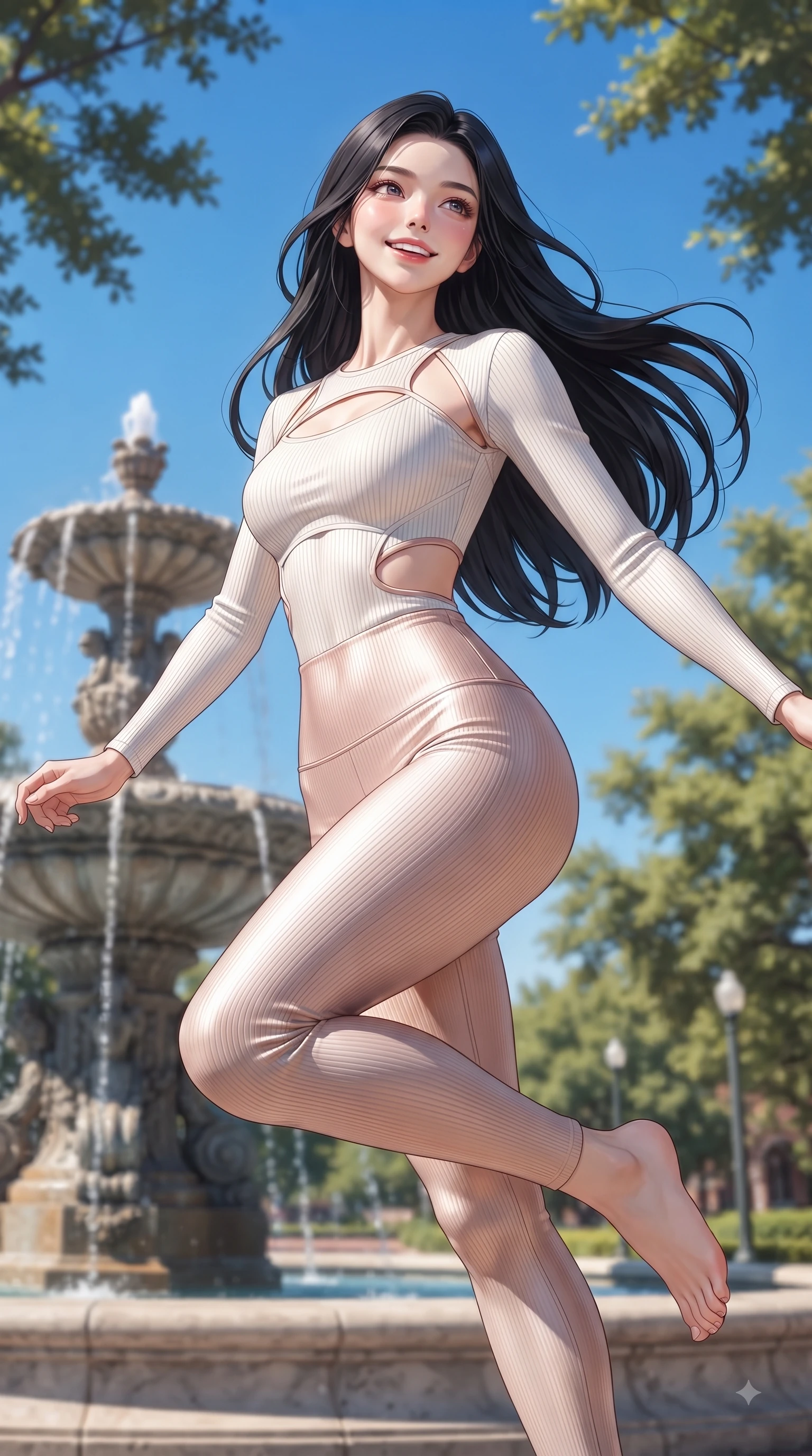 score_9, masterpiece, best quality, ultra-detailed, high-budget anime keyframe, editorial fashion photography, tasteful artistic composition, Korean woman. close-up cowboy shot from the waist and thighs up, the character dominates the composition, filling the frame with her large presence, background elements kept in soft focus. Tilting her chin up with a sweet beaming smile of pure delight while balancing dynamically amidst the scene while leaping playfully with pure youthful energy near a grand campus fountain under a clear blue sky, warm spring breeze swaying her long hair gracefully against the blue sky backdrop. She has an exceptionally elegant, slender, and willowy female figure with an ultra-slim waist, a gracefully sculpted slender torso, and a refined silhouette. sharp v-shaped jawline, high-bridge nose, intricate jewel-like eyes with depth, thick eyelashes, glossy lips with a natural sheen, flawlessly proportioned anatomical accuracy, natural body alignment, perfectly sculpted elegant limbs, clean dynamic posture without body distortion. wearing a form-fitting ribbed activewear set with elegant collar cutouts in pearl white and rose gold, crafted from smooth liquid silk, featuring clean architectural cutouts along her slender torso, the sleek second-skin texture accentuating her magnetic presence. bathed in brilliant sunny morning light filtering through oak tree canopies. ultra-reflective glossy finish, specular highlights, metallic sheen, high-contrast stereoscopic depth, volumetric dynamic lighting, 2k, ultra detail, master piece, 9:16 ratio