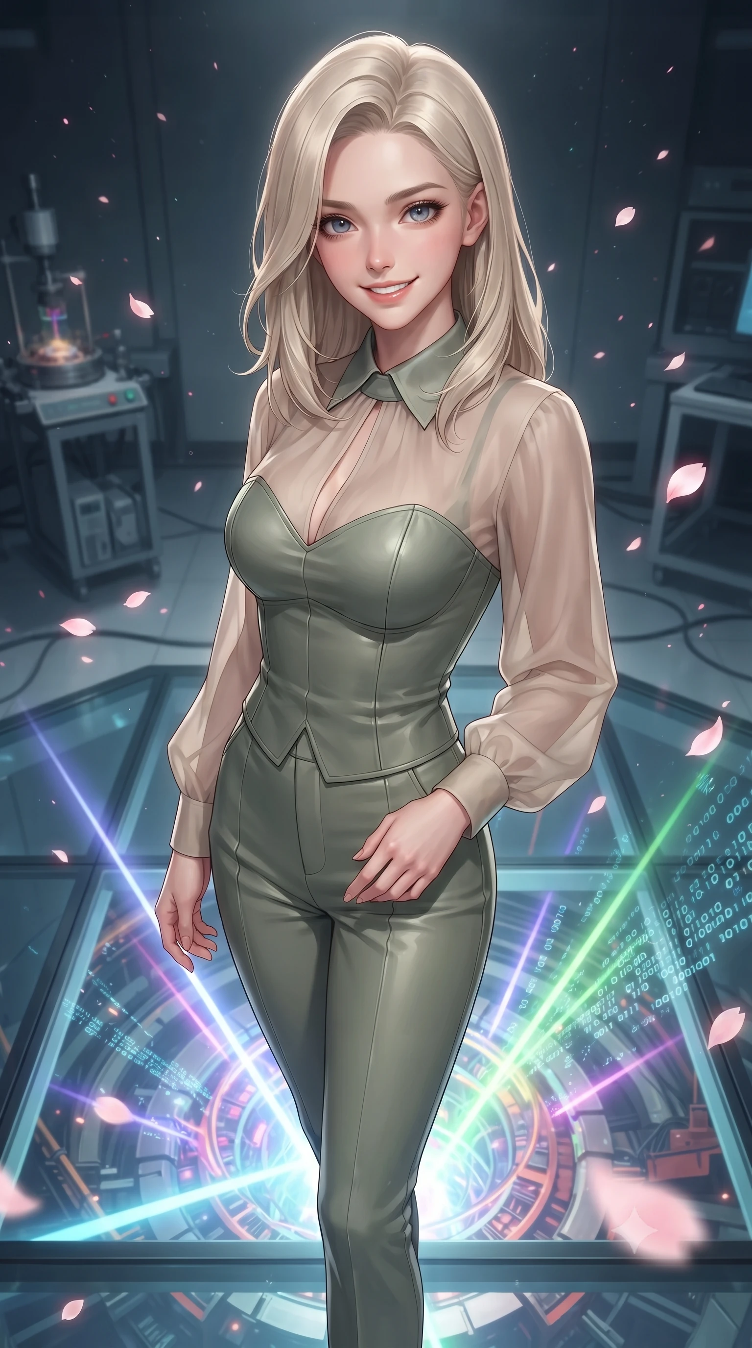 score_9, masterpiece, best quality, ultra-detailed, high-budget anime keyframe, editorial fashion photography, tasteful artistic composition, Caucasian woman. close-up cowboy shot from the waist and thighs up, the character dominates the composition, filling the frame with her large presence, background elements kept in soft focus. Smiling with quiet, magnetic self-assurance directly into the lens poised on a glass platform over a quantum particle accelerator core, floating digital sakura petals flickering into binary code sparks. She has an exceptionally elegant, slender, and willowy female figure with an ultra-slim waist, a gracefully sculpted slender torso, and a refined silhouette. sharp v-shaped jawline, high-bridge nose, intricate jewel-like eyes with depth, thick eyelashes, glossy lips with a natural sheen. wearing a tailored leather bustier over a sheer silk chiffon blouse in sage green and oatmeal, made of premium stretch velvet with a rich sheen, accented with a Tasteful chest slit framing her clavicle gracefully, the form-contouring material highlighting her ultra-slim waist and long lines. lit by bright volumetric laser beams and soft specular highlights. ultra-reflective glossy finish, specular highlights, metallic sheen, high-contrast stereoscopic depth, volumetric dynamic lighting, 2k, ultra detail, master piece, 9:16 ratio