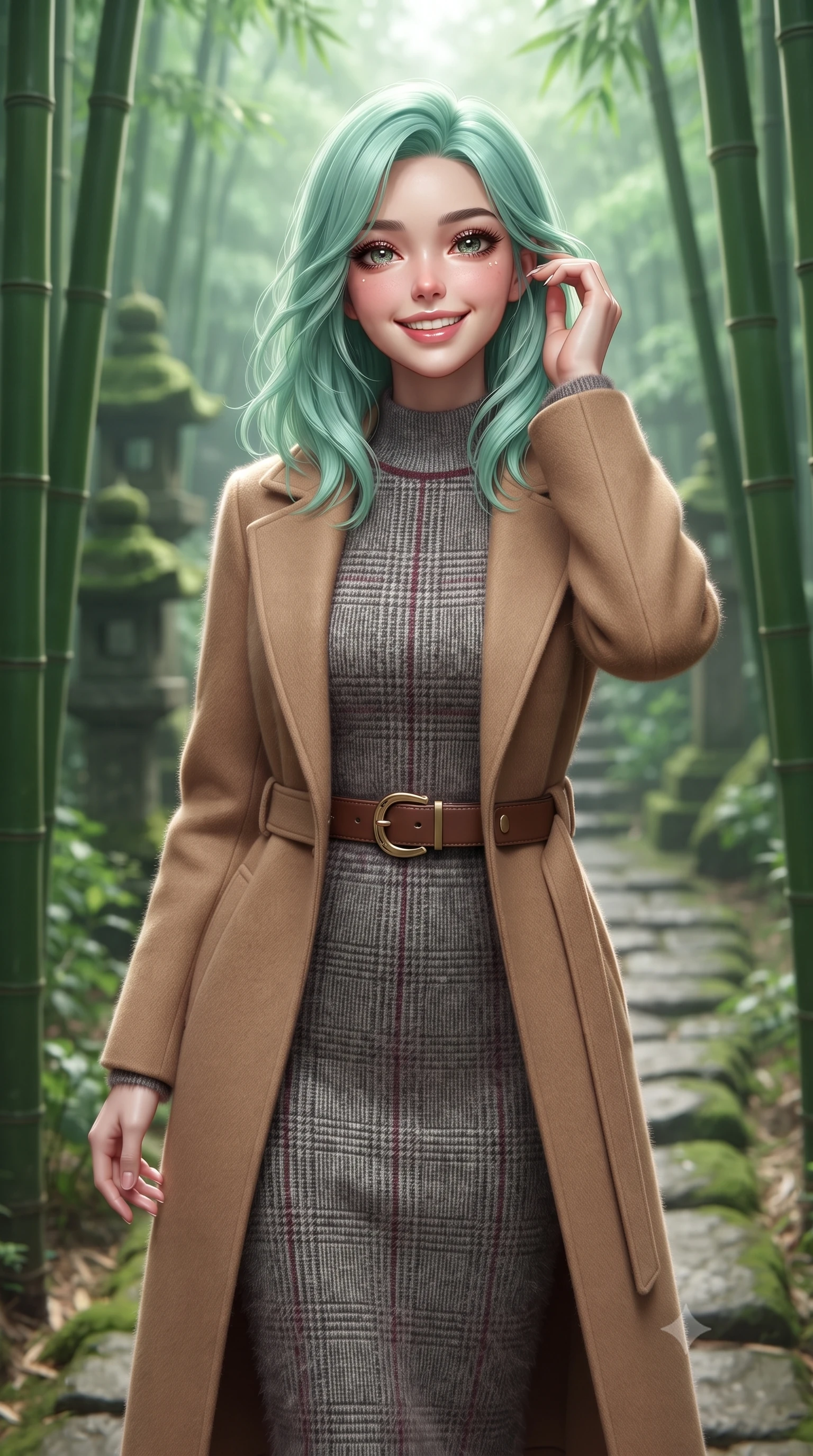 score_9, masterpiece, best quality, ultra-detailed, high-budget anime keyframe, editorial fashion photography, tasteful artistic composition, Japanese woman. close-up cowboy shot from the waist and thighs up, the character dominates the composition, filling the frame with her large presence. gently brushing a lock of hair behind her ear with one hand while flashing a radiant, joyful smile while standing poised between towering emerald bamboo stalks, looking back along the stone pathway with an enchanting, radiant smile. The background shows a soft-focus ancient mossy stone lanterns softened in mystical Japanese natural sanctuary shallow focus. She has an exceptionally elegant, slender, and willowy female figure with an ultra-slim waist, flat toned midriff, narrow ribcage, and sculpted feminine hips creating an alluring, slim hourglass silhouette without bulk. sharp v-shaped jawline, high-bridge nose, intricate jewel-like sparkling eyes with depth, thick eyelashes, glossy parted lips with a natural peach sheen, bright cheerful beaming smile with an enchanting and coquettish sensual glint, exuding both youthful cute charm and seductive allure, flawlessly proportioned anatomical accuracy, strict slender model proportions, natural body alignment, perfectly sculpted long slender limbs, ultra-slim waistline, clean dynamic posture without body distortion. wearing a tailored belted cashmere wrap coat in warm camel layered over a fine ribbed knit midi dress in classic glen plaid monochrome with subtle wine red accent, woven from plush alpaca yarn with a cloud-like fuzzy texture and soft halo, finished with a smooth equestrian bridle-leather belt with a polished brass horseshoe buckle, the bespoke architectural tailoring hugging her natural waistline with sartorial precision, creating a clean graceful hourglass silhouette with tall model elegance. illuminated by soft green foliage bounce and crisp jade-gold rim lights sculpting her razor-sharp jawline and tall willowy frame. ultra-reflective glossy finish, specular highlights, rich textural contrasts, high-contrast stereoscopic depth, volumetric dynamic lighting, 2k, ultra detail, master piece, 9:16 ratio