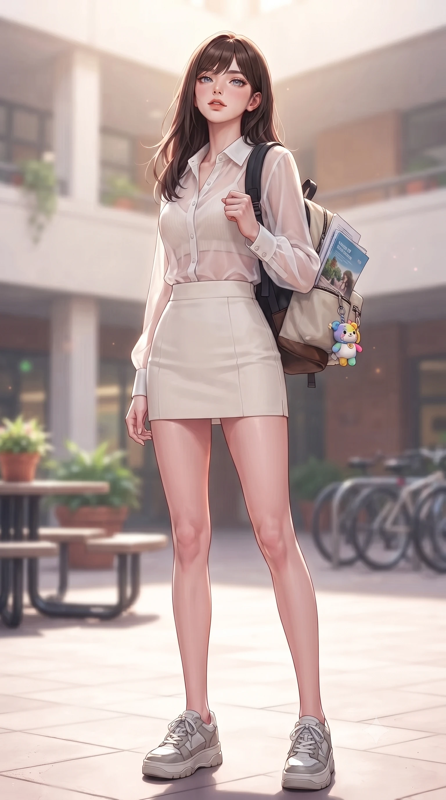 score_9, masterpiece, best quality, ultra-detailed, high-budget anime keyframe, editorial fashion photography, tasteful artistic composition, Korean woman. low angle full-body shot from head to toe showing her feet, filling the entire 9:16 vertical frame with her statuesque presence, stretching her vertical silhouette. standing in a captivating power pose, tilting her chin up with a smoldering, bright expression set against a soft-focus background of in a sunlit campus courtyard filled with student tables, potted plants, and bicycle racks with a pile of student brochures and a cute key ring on her backpack. She has an absolutely perfect, statuesque 8.5-heads proportion, an exceptionally tall and slender model-like female figure with impossibly long slender legs and an ultra-slim waist. sharp v-shaped jawline, high-bridge nose, intricate jewel-like eyes with depth, thick eyelashes, glossy lips with a natural sheen. wearing slim-fit sheer chiffon button-up shirt in white, worn over a slim-fit knit bralette and a mini skirt. soft diffused daylight creating a clean, high-key glow in the space. highly saturated vibrant anime colors, detailed shading with soft gradients, rich glossy textures, high-contrast stereoscopic depth, volumetric dynamic lighting, master piece, 9:16 ratio