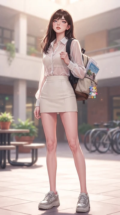 score_9, masterpiece, best quality, ultra-detailed, high-budget anime keyframe, editorial fashion photography, tasteful artistic composition, Korean woman. low angle full-body shot from head to toe showing her feet, filling the entire 9:16 vertical f