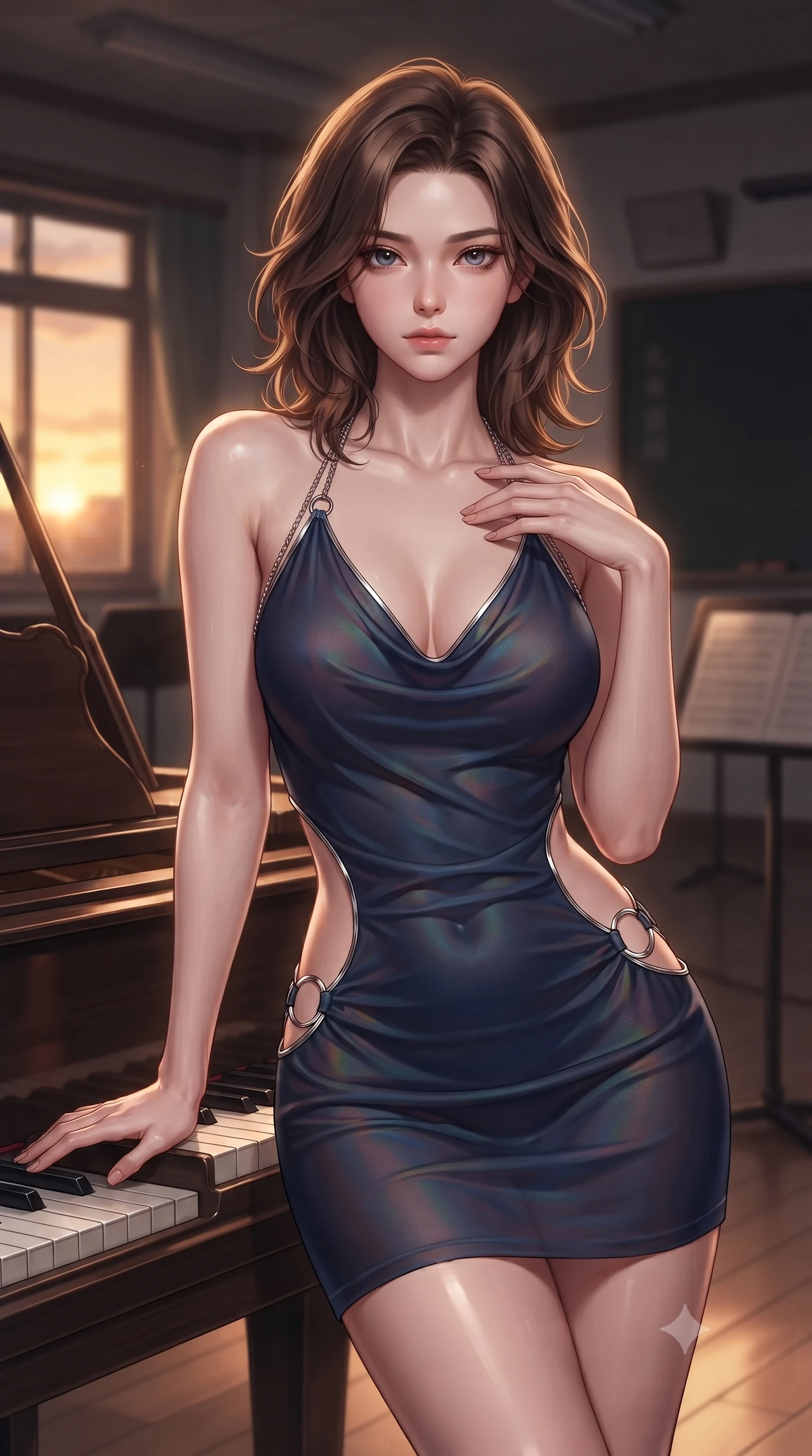 score_9, masterpiece, best quality, ultra-detailed, high-budget anime keyframe, editorial fashion photography, tasteful artistic composition, Korean woman. close-up cowboy shot from the waist and thighs up, the character dominates the composition, filling the frame with her large presence, background elements kept in soft focus. Leaning slightly forward with a composed, seductive gaze under soft glowing light poised beside an antique grand piano in an empty music classroom at dusk, warm amber glow illuminating the quiet architectural details of the campus. She has an exceptionally elegant, slender, and willowy female figure with an ultra-slim waist, a gracefully sculpted slender torso, and a refined silhouette. sharp v-shaped jawline, high-bridge nose, intricate jewel-like eyes with depth, thick eyelashes, glossy lips with a natural sheen. wearing a deep-scoop halter bodycon dress with hip cutouts connected by silver rings in midnight navy blue and chrome trim, crafted from iridescent chiffon that shifts colors in the light, adorned with delicate metallic chain straps along the neckline, the elegant draped fit framing her graceful clavicle and slender torso. surrounded by a serene, nostalgic golden aura with soft backlighting. ultra-reflective glossy finish, specular highlights, metallic sheen, high-contrast stereoscopic depth, volumetric dynamic lighting, 2k, ultra detail, master piece, 9:16 ratio