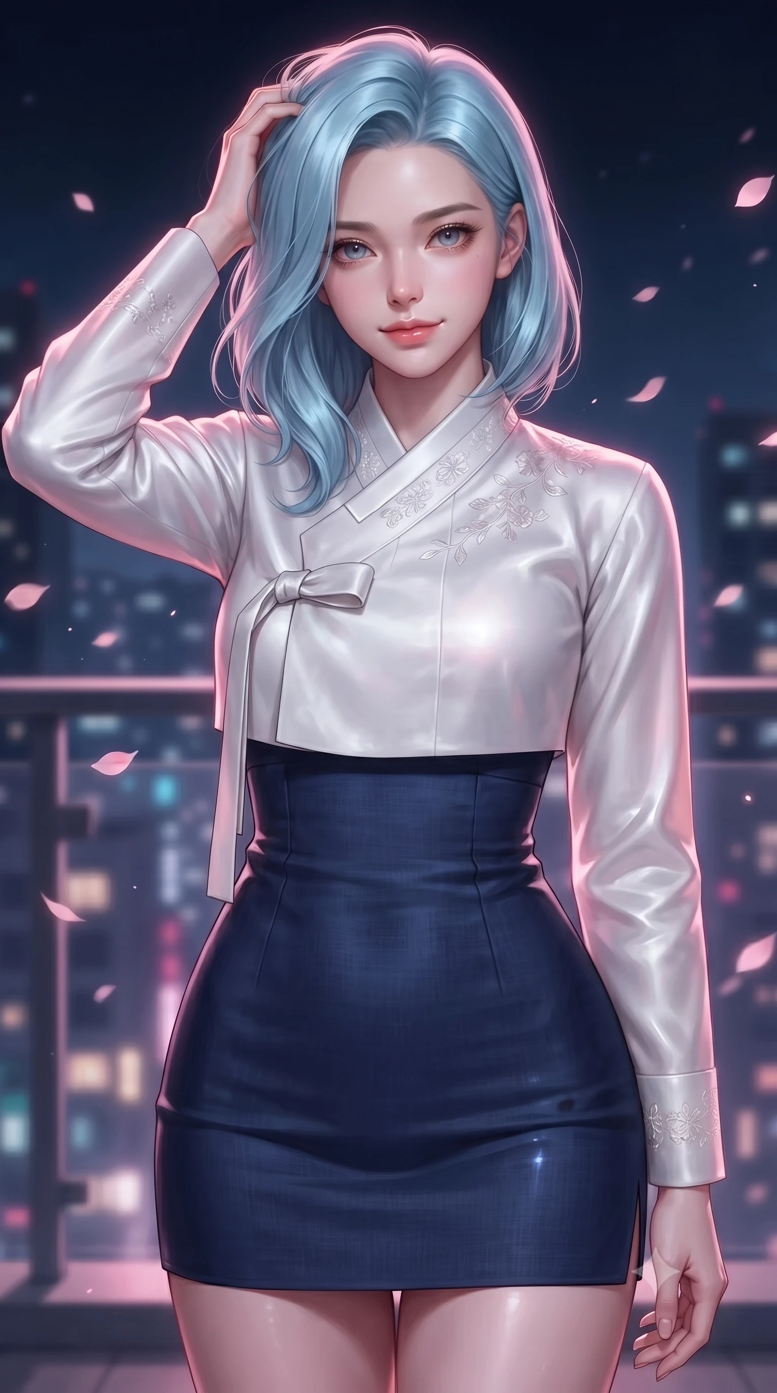 score_9, masterpiece, best quality, ultra-detailed, high-budget anime keyframe, editorial fashion photography, tasteful artistic composition, Korean woman. close-up cowboy shot from the waist and thighs up, the character dominates the composition, filling the frame with her large presence, background elements kept in soft focus. smiling with quiet, magnetic self-assurance directly into the camera, running a hand through her hair the background shows a soft-focus a quiet high-rise balcony with floating digital sakura petals drifting in the wind. She has an exceptionally elegant, slender, and willowy female figure with an ultra-slim waist, a gracefully sculpted slender torso, and a refined silhouette. sharp v-shaped jawline, high-bridge nose, intricate jewel-like eyes with depth, thick eyelashes, glossy lips with a natural sheen. wearing a body-hugging modern fusion hanbok dress with a navy blue linen skirt and a high-neck white silk jeogori wrapper. soft pink holographic glow blending with cool midnight city light. ultra-reflective glossy finish, specular highlights, metallic sheen, high-contrast stereoscopic depth, volumetric dynamic lighting, 2k, ultra detail, master piece, 9:16 ratio