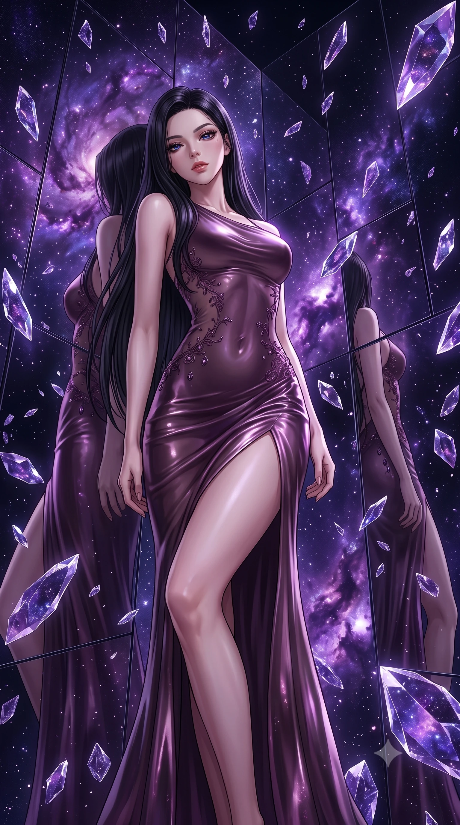 score_9, masterpiece, best quality, ultra-detailed, High-budget Anime Keyframe, East Asian woman. Low angle cowboy shot filling the entire 9:16 frame with her statuesque presence. Scenario 296: leaning back against a wall of virtual mirrors in a dark void filled with floating crystal shards reflecting purple nebulae. Her presence is magnetic and overpowering in this high-budget anime scene. Outfit 296: a body-hugging molten liquid silk sheer with a thigh-high slit and tight-fitting silhouette. The clothing is designed to emphasize her exceptionally tall and slender 8-heads proportion. 8-heads proportion, towering silhouette, ultra-slim waist. sharp v-shaped jawline, intricate jewel-like eyes with depth, thick eyelashes, glossy lips. 2k, ultra detail, master piece, 9:16 ratio
