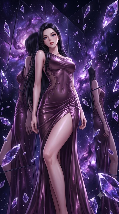 score_9, masterpiece, best quality, ultra-detailed, High-budget Anime Keyframe, East Asian woman. Low angle cowboy shot filling the entire 9:16 frame with her statuesque presence. Scenario 296: leaning back against a wall of virtual mirrors in a dark