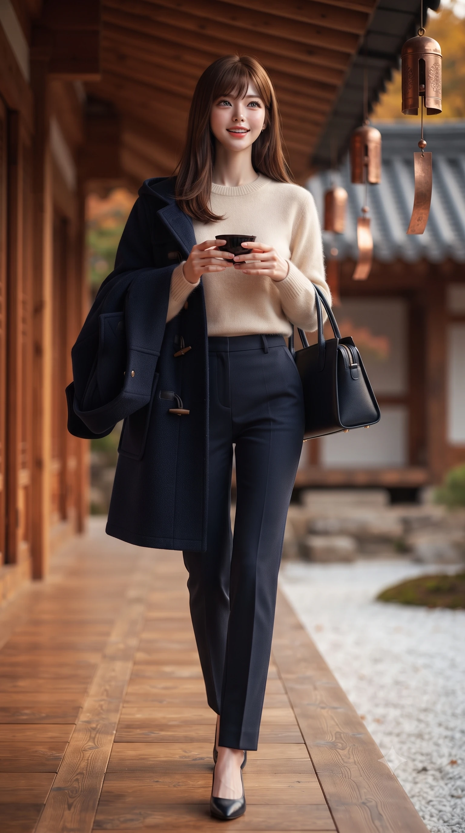 score_9, masterpiece, best quality, ultra-detailed, high-budget anime keyframe, editorial fashion photography, tasteful artistic composition, Korean woman. low angle full-body shot from head to toe showing her feet, filling the entire 9:16 vertical frame with her statuesque presence, stretching her vertical silhouette. walking briskly with tall supermodel strides, one hand holding her leather bag and the other swinging with energetic charm while holding a black lacquer teacup with both hands on the veranda, looking up toward the camera with an enchanting, peaceful smile. The background shows a soft-focus traditional cedar eaves and hanging copper wind chimes softened in timeless autumn temple sanctuary shallow focus. She has an exceptionally tall and slender model-like 8.5-heads proportion, an ultra-slim waist, a flat toned midriff, narrow delicate ribcage, and beautifully sculpted feminine hips creating a graceful, slim hourglass silhouette without any bulky heaviness, with impossibly long slender legs. sharp v-shaped jawline, high-bridge nose, intricate jewel-like sparkling eyes with depth, thick eyelashes, glossy parted lips with a natural peach sheen, bright cheerful beaming smile with an enchanting and coquettish sensual glint, exuding both youthful cute charm and seductive allure, flawlessly proportioned anatomical accuracy, strict slender model proportions, natural body alignment, perfectly sculpted long slender limbs, ultra-slim waistline, clean dynamic posture without body distortion. wearing a structured boiled-wool duffle coat with horn toggles over a soft alpaca sweater and tailored wool slacks in French navy blue and crisp alabaster white, tailored from heavyweight double-faced wool with clean architectural edges, complemented by buttery leather gloves held delicately in one manicured hand, the bespoke architectural tailoring hugging her natural waistline with sartorial precision, creating a clean graceful hourglass silhouette with tall model elegance. illuminated by white gravel garden bounce and warm vermilion-gold rim lights defining her delicate features, jawline, and graceful silhouette. ultra-reflective glossy finish, specular highlights, rich textural contrasts, high-contrast stereoscopic depth, volumetric dynamic lighting, 2k, ultra detail, master piece, 9:16 ratio