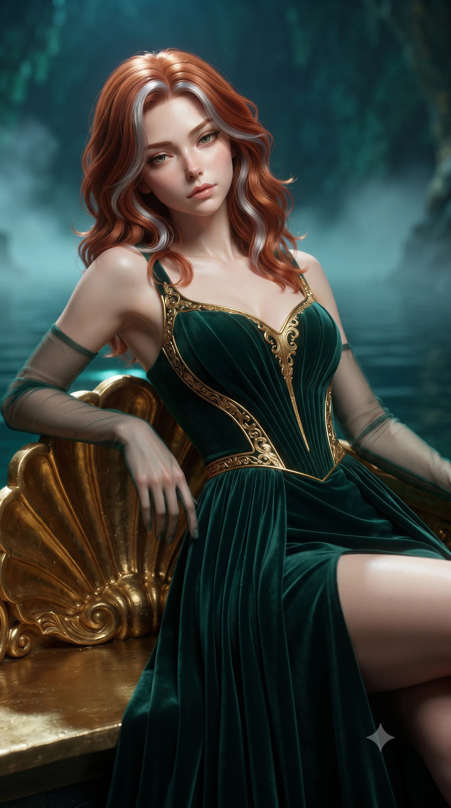 score_9, masterpiece, best quality, ultra-detailed, high-budget anime keyframe, editorial fashion photography, tasteful artistic composition, Caucasian woman. close-up cowboy shot from the waist and thighs up, the character dominates the composition, filling the frame with her large presence. leaning back against the balustrade with relaxed seductive grace, head tilted back slightly while casting a hypnotic, heavy-lidded gaze while leaning against the ornate gilded golden shell boat with hips cocked back, looking across emerald underground waters with intoxicating bedroom-eyes. The background shows a soft-focus gentle heated cavern water vapor softened in royal operatic grotto shallow focus. She has an exceptionally elegant, slender, and willowy female figure with an ultra-slim waist, flat toned midriff, narrow ribcage, and sculpted feminine hips creating an alluring, slim hourglass silhouette without bulk. sharp v-shaped jawline, high-bridge nose, intricate jewel-like sparkling eyes with depth, thick eyelashes, glossy parted lips with a natural peach sheen, bright cheerful beaming smile with an enchanting and coquettish sensual glint, exuding both youthful cute charm and seductive allure, flawlessly proportioned anatomical accuracy, strict slender model proportions, natural body alignment, perfectly sculpted long slender limbs, ultra-slim waistline, clean dynamic posture without body distortion. wearing a classical Habsburg empire-line pleated velvet evening gown with modest square neckline in Bavarian alpine spruce green and Neuschwanstein gilded gold, crafted from bespoke double-faced cashmere with an exceptionally soft tactile finish, complemented by sheer opera-length evening gloves tracing her slender arms, the bespoke structured tailoring following the natural line of her 8.5-heads silhouette with refined elegance. bathed in the magical theatrical 3500K sapphire-and-emerald electric arc illumination designed for King Ludwig II's private opera performances. ultra-reflective glossy finish, specular highlights, rich textural contrasts, high-contrast stereoscopic depth, volumetric dynamic lighting, 2k, ultra detail, master piece, 9:16 ratio