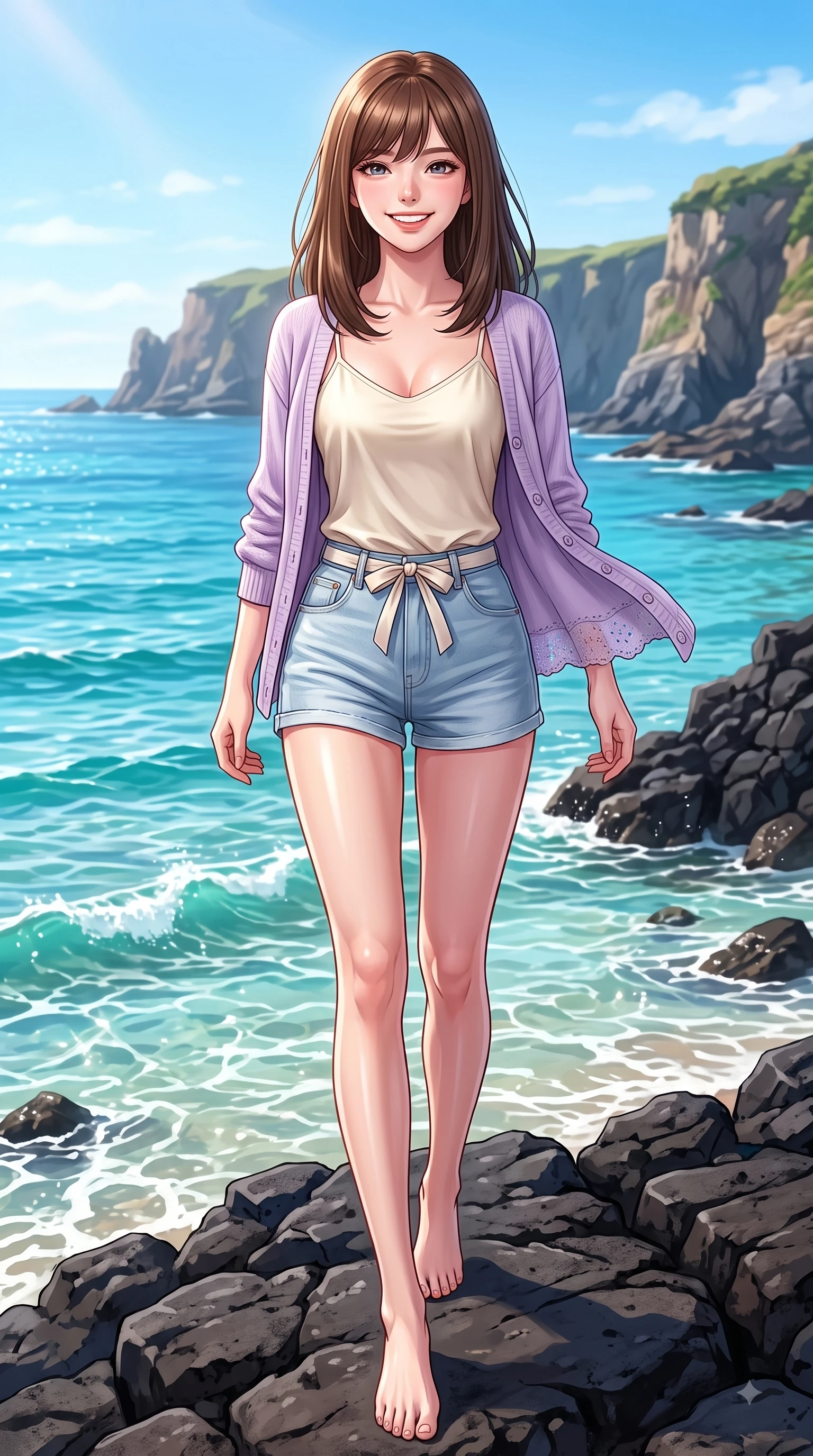 score_9, masterpiece, best quality, ultra-detailed, high-budget anime keyframe, editorial fashion photography, tasteful artistic composition, Korean woman. low angle full-body shot from head to toe showing her feet, filling the entire 9:16 vertical frame with her statuesque presence, stretching her vertical silhouette. walking forward in a proud dynamic stride with a cheerful beaming smile, her vertical silhouette filling the frame while pivoting dynamically on dark volcanic basalt rocks as clear turquoise ocean waves lap near the shoreline. The surrounding environment is rendered in vivid detail and crisp panoramic clarity. glistening ocean water refractions and scenic coastal cliffs captured in sharp environmental detail. She has an absolutely perfect, statuesque 8.5-heads proportion, an exceptionally tall and slender model-like female figure with impossibly long slender legs and an ultra-slim waist. sharp v-shaped jawline, high-bridge nose, intricate jewel-like eyes with depth, thick eyelashes, glossy lips with a natural sheen, flawlessly proportioned anatomical accuracy, natural body alignment, perfectly sculpted elegant limbs, clean dynamic posture without body distortion. wearing a soft lavender knit cardigan worn over a simple cream silk camisole and light-wash denim shorts in cherry blossom pink and soft beige, woven with delicate eyelet lace and soft cotton, accented with a dainty waist ribbon bow, the breezy lightweight fabric fluttering softly against her delicate frame. surrounded by a fresh, sun-drenched, and relaxing vacation atmosphere. highly saturated vibrant anime colors, detailed shading with soft gradients, rich glossy textures, high-contrast stereoscopic depth, volumetric dynamic lighting, master piece, 9:16 ratio