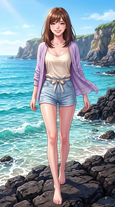 score_9, masterpiece, best quality, ultra-detailed, high-budget anime keyframe, editorial fashion photography, tasteful artistic composition, Korean woman. low angle full-body shot from head to toe showing her feet, filling the entire 9:16 vertical f