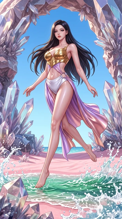 score_9, masterpiece, best quality, ultra-detailed, high-budget anime keyframe, semi-realistic 3D game render, editorial fashion photography, tasteful artistic composition, Korean woman. low angle full-body shot from head to toe showing her feet, fil