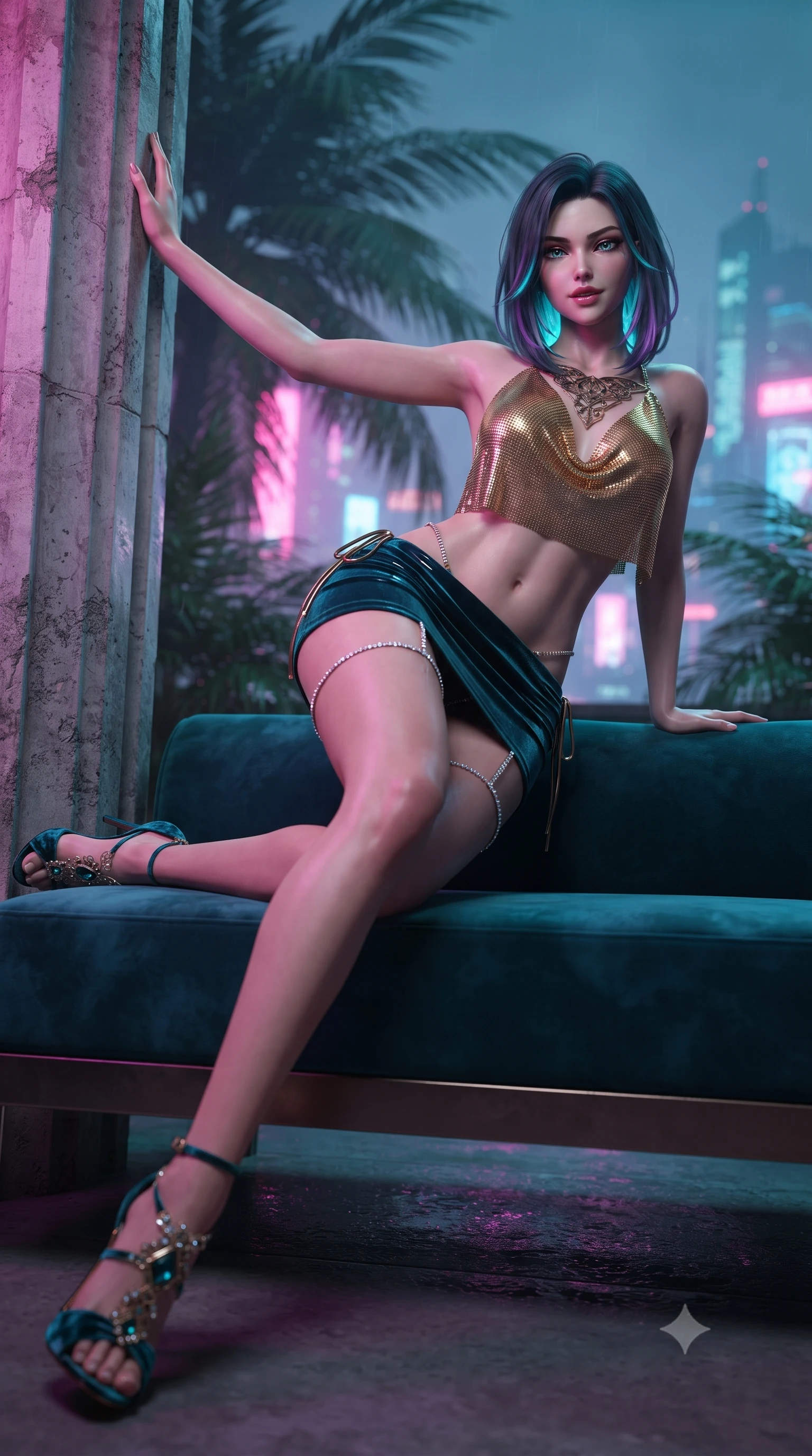 score_9, masterpiece, best quality, ultra-detailed, high-budget anime keyframe, editorial fashion photography, tasteful artistic composition, Caucasian woman. low angle full-body shot from head to toe showing her feet, filling the entire 9:16 vertical frame with her statuesque presence, stretching her vertical silhouette. standing tall beside the architectural column, one hand resting high while arching her lower back to emphasize her sculpted feminine hips and slender waist while lounging across an outdoor weather-resistant daybed propped on one elbow, her flat midriff and long slender legs commanding the futuristic vista. The background shows a soft-focus wet tropical palm leaves softened in cinematic cyberpunk shallow focus. She has an absolutely perfect, statuesque 8.5-heads proportion, an exceptionally tall and slender model-like female figure with impossibly long slender legs, an ultra-slim waist, a flat toned midriff, narrow delicate ribcage, and beautifully sculpted feminine hips creating a graceful, slim hourglass silhouette without any bulky heaviness. sharp v-shaped jawline, high-bridge nose, sparkling eyes with hypnotic seductive depth, thick curled eyelashes, glossy parted lips with a natural dewy peach sheen, alluring bedroom-eyes with an enchanting coquettish smile, exuding magnetic siren charisma and sophisticated glamour, flawlessly proportioned anatomical accuracy, strict slender model proportions, natural body alignment, perfectly sculpted long slender limbs, ultra-slim waistline, clean dynamic posture without body distortion. wearing a liquid gold chainmail cowl halter top paired with an ultra-low-rise velvet mini skirt and side rhinestone ties in deep peacock teal and burnished antique brass, crafted from wet-look high-gloss vinyl fabric with dazzling specular surface reflections, finished with delicate crystal-encrusted thigh garter straps glinting in the dim light, the form-contouring silhouette accentuating her sculpted flat midriff, narrow delicate ribcage, and gracefully curvy hips with intoxicating allure. bathed in saturated dual-tone neon pink and cyan light spilling horizontally from city-scale holographic projections. ultra-reflective glossy finish, specular highlights, rich textural contrasts, high-contrast stereoscopic depth, volumetric dynamic lighting, 2k, ultra detail, master piece, 9:16 ratio