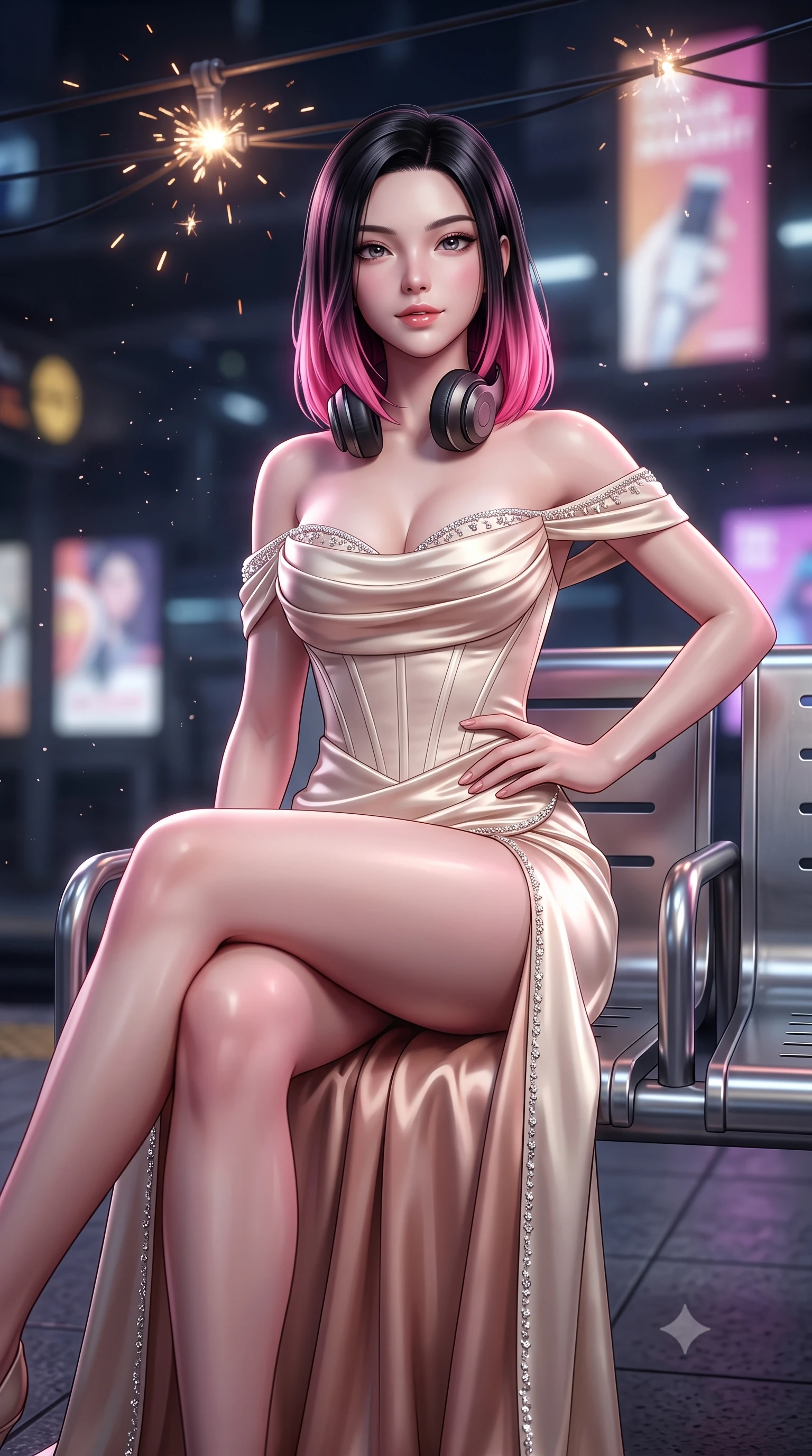 score_9, masterpiece, best quality, ultra-detailed, high-budget anime keyframe, semi-realistic 3D game render, editorial fashion photography, tasteful artistic composition, Korean woman. close-up cowboy shot from the waist and thighs up, the character dominates the composition, filling the frame with her large presence. smiling with subtle, enchanting allure and glossy parted lips, one hand resting on her waist with effortless supermodel poise while sitting casually on a stainless steel station bench with legs crossed, headphones around her neck, looking directly into the lens. The composition keeps background elements in soft focus with creamy bokeh. sparks from overhead power rails and floating dust particles catching neon light motes. She has an exceptionally elegant, slender, and willowy female figure with an ultra-slim waist, a gracefully sculpted slender torso, toned flat midriff, and a refined slim silhouette. sharp v-shaped jawline, high-bridge nose, intricate jewel-like eyes with depth, thick eyelashes, glossy lips with a natural sheen, captivating and magnetic expression, flawlessly proportioned anatomical accuracy, strict slender model proportions, natural body alignment, perfectly sculpted long slender limbs, ultra-slim waistline, clean dynamic posture without body distortion. wearing a statuesque off-shoulder champagne satin gala dress featuring a thigh-high side slit and draped corset bodice in champagne ivory and rose gold, tailored from ultra-smooth duchess satin with a pearlescent sheen, finished with delicate crystal embroidery along the neckline and hem, the liquid-tight tailored fabric emphasizing every curve of her tall, slender model proportions and sculptured silhouette during dynamic movement. illuminated by crisp specular highlights defining her toned flat midriff and athletic curves. highly saturated vibrant anime colors, detailed shading with soft gradients, rich glossy textures, high-contrast stereoscopic depth, volumetric dynamic lighting, master piece, 9:16 ratio