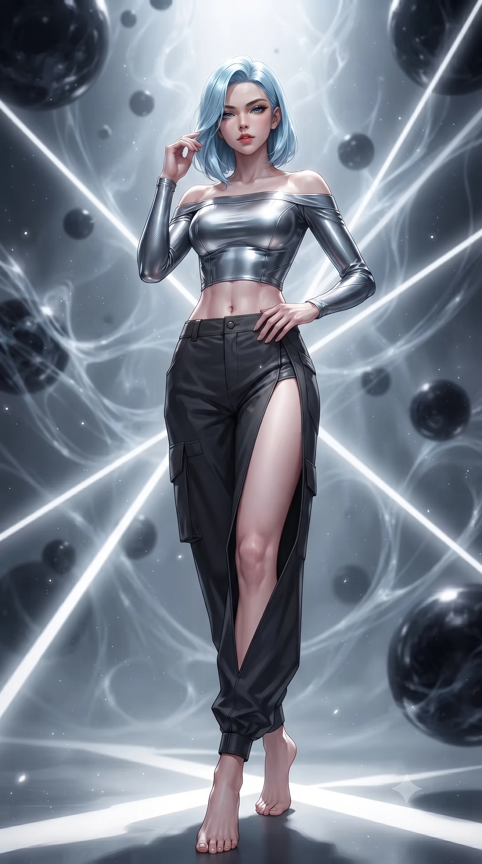score_9, masterpiece, best quality, ultra-detailed, high-budget anime keyframe, editorial fashion photography, tasteful artistic composition, Korean woman. low angle full-body shot from head to toe showing her feet, filling the entire 9:16 vertical frame with her statuesque presence, stretching her vertical silhouette. stepping gracefully through floating stardust particles, her body-contouring suit showing her athletic, slender silhouette, the background shows a soft-focus a gravity lensing chamber filled with floating obsidian spheres. She has an absolutely perfect, statuesque 8.5-heads proportion, an exceptionally tall and slender model-like female figure with impossibly long slender legs and an ultra-slim waist. sharp v-shaped jawline, high-bridge nose, intricate jewel-like eyes with depth, thick eyelashes, glossy lips with a natural sheen. wearing a slim-fit off-shoulder carbon-fiber armor top paired with high-slit tactical cargo pants, showing her delicately sculpted midriff. high-contrast chiaroscuro shadows created by white laser confinement beams. ultra-reflective glossy finish, specular highlights, metallic sheen, high-contrast stereoscopic depth, volumetric dynamic lighting, 2k, ultra detail, master piece, 9:16 ratio