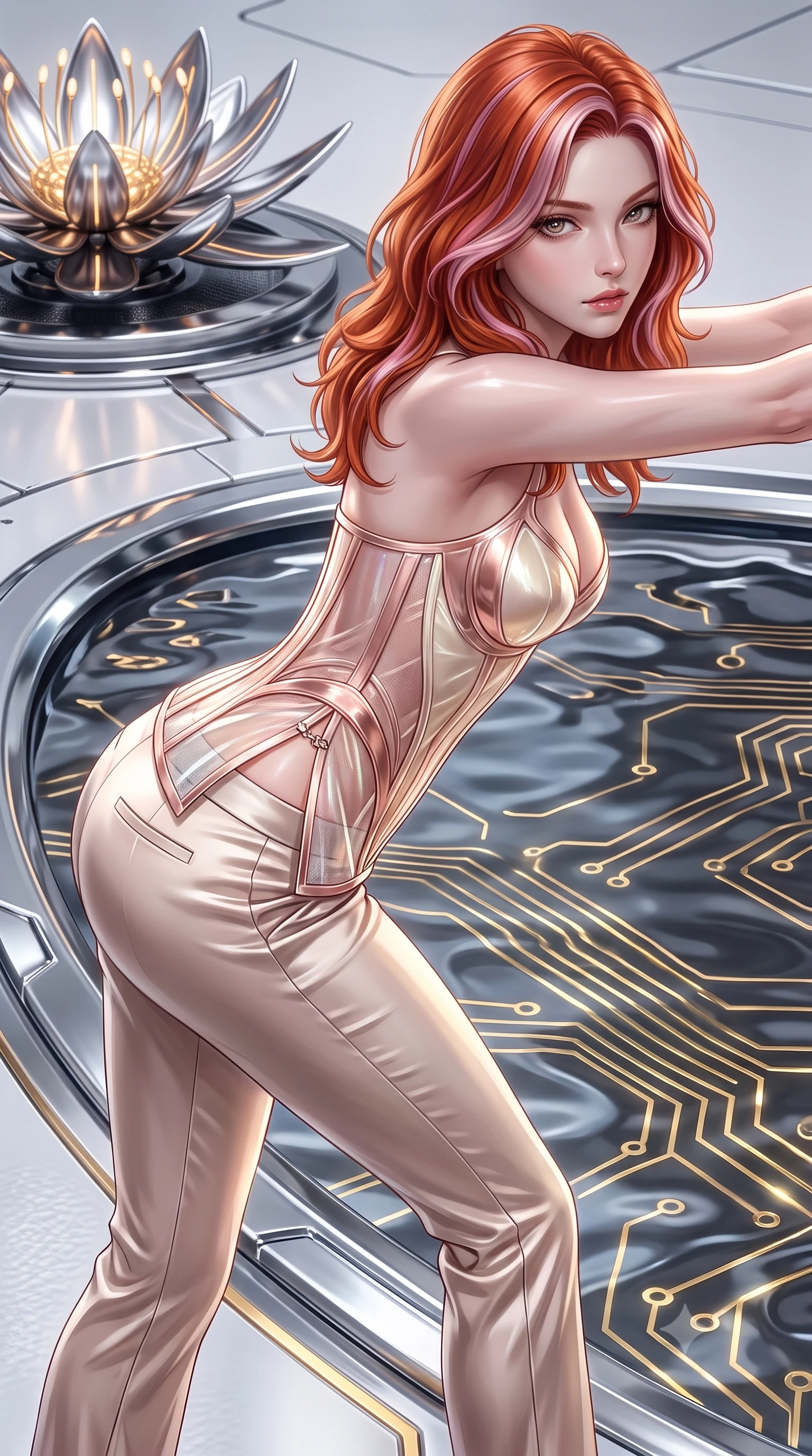 score_9, masterpiece, best quality, ultra-detailed, high-budget anime keyframe, editorial fashion photography, tasteful artistic composition, Caucasian woman. close-up cowboy shot from the waist and thighs up, the character dominates the composition, filling the frame with her large presence. stretching forward with an alluring arch of her spine, glancing over her shoulder with divine self-assurance and magnetic intensity while stepping along the pool edge with an ethereal, captivating gaze as golden circuit lines pulse beneath the liquid metal. The surrounding environment is rendered in vivid detail and crisp panoramic clarity. intricate cybernetic lotus stamen LEDs, polished chrome platform edges, and clear caustics in high clarity. She has an exceptionally elegant, slender, and willowy female figure with an ultra-slim waist, a gracefully sculpted slender torso, toned flat midriff, and a refined slim silhouette. sharp v-shaped jawline, high-bridge nose, intricate jewel-like eyes with depth, thick eyelashes, glossy lips with a natural sheen, flawlessly proportioned anatomical accuracy, strict slender model proportions, natural body alignment, perfectly sculpted long slender limbs, ultra-slim waistline, clean dynamic posture without body distortion. wearing a structured translucent cyber-corset paired with tailored high-fashion satin trousers that sharply cinch her ultra-slim waist in sculpted rose gold and luminescent champagne ivory, crafted from delicate iridescent organza interwoven with luminescent micro-fibers, finished with an ultra-high side slit secured by miniature magnetic clasps, the form-contouring material adhering flawlessly to her sculpted flat midriff and slender torso, emphasizing her long leg lines and perfectly proportioned willowy build. illuminated by crisp white key lighting with specular metallic highlights tracing her slender curves. ultra-reflective glossy finish, specular highlights, dark metallic sheen, high-contrast stereoscopic depth, volumetric dynamic lighting, 2k, ultra detail, master piece, 9:16 ratio