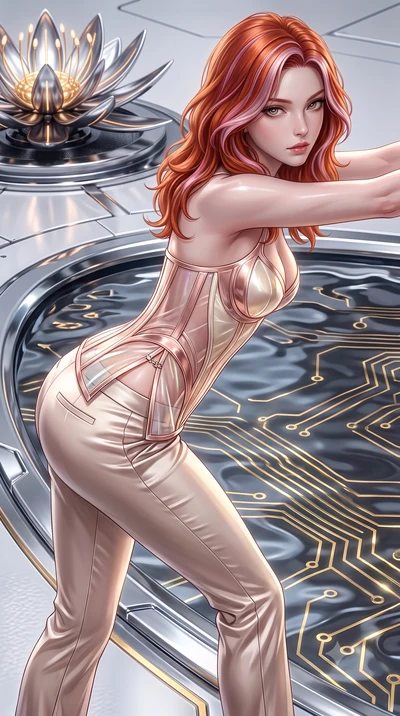 score_9, masterpiece, best quality, ultra-detailed, high-budget anime keyframe, editorial fashion photography, tasteful artistic composition, Caucasian woman. close-up cowboy shot from the waist and thighs up, the character dominates the composition,