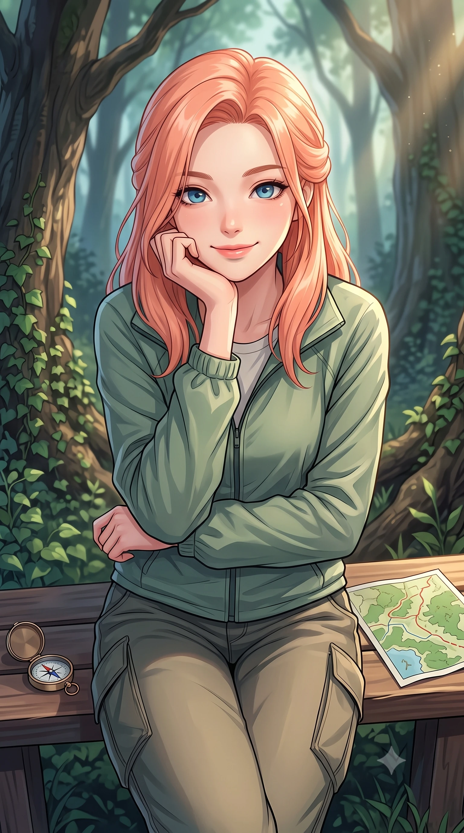 score_9, masterpiece, best quality, ultra-detailed, high-budget anime keyframe, editorial fashion photography, tasteful artistic composition, Japanese woman. close-up cowboy shot from the waist and thighs up, the character dominates the composition, filling the frame with her large presence, background elements kept in soft focus. smiling cutely while resting her chin on her hand, looking directly into the lens set against a soft-focus background of in a shaded valley glen with tall ancient trees and wild ivy vines with a small compass and a map of the forest trail on a nearby bench. She has an exceptionally elegant, slender, and willowy female figure with an ultra-slim waist, a gracefully sculpted slender torso, and a refined silhouette. sharp v-shaped jawline, high-bridge nose, intricate jewel-like eyes with depth, thick eyelashes, glossy lips with a natural sheen. wearing tailored casual athletic windbreaker in sage green, paired with a simple tee and cargo pants. cool forest shadows contrasting with warm shafts of sunbeams. highly saturated vibrant anime colors, detailed shading with soft gradients, rich glossy textures, high-contrast stereoscopic depth, volumetric dynamic lighting, master piece, 9:16 ratio