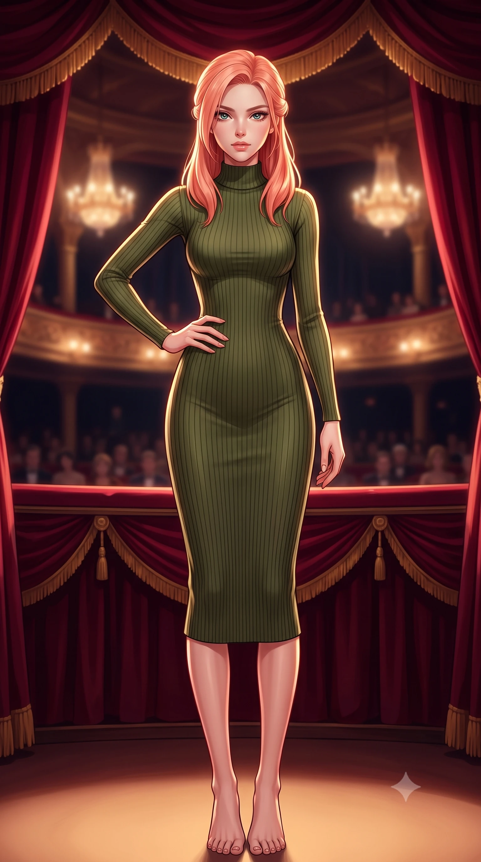 score_9, masterpiece, best quality, ultra-detailed, high-budget anime keyframe, editorial fashion photography, tasteful artistic composition, Japanese woman. low angle full-body shot from head to toe showing her feet, filling the entire 9:16 vertical frame with her statuesque presence, stretching her vertical silhouette. posing confidently with one hand on her hip, stretching her statuesque body to emphasize her curves the background shows a soft-focus an old velvet-draped opera box balcony overlooking a dimly lit theater stage. She has an absolutely perfect, statuesque 8.5-heads proportion, an exceptionally tall and slender model-like female figure with impossibly long slender legs and an ultra-slim waist. sharp v-shaped jawline, high-bridge nose, intricate jewel-like eyes with depth, thick eyelashes, glossy lips with a natural sheen. wearing a slim-fit form-contouring ribbed knit bodycon midi dress in olive green, tracing her slender silhouette with a high neck. warm stage spotlight key light contrasting with deep crimson shadows. highly saturated vibrant anime colors, detailed shading with soft gradients, rich glossy textures, high-contrast stereoscopic depth, volumetric dynamic lighting, master piece, 9:16 ratio