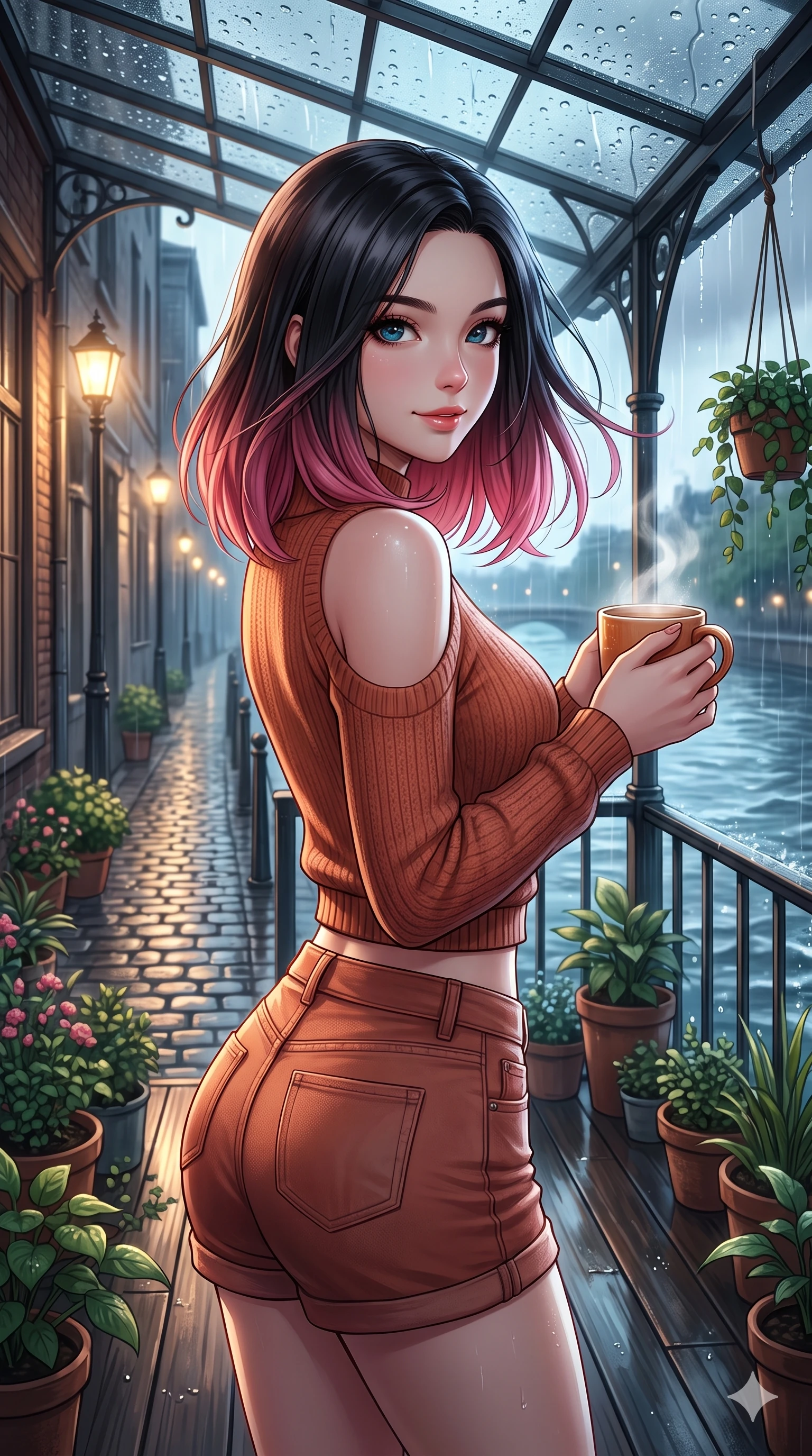 score_9, masterpiece, best quality, ultra-detailed, high-budget anime keyframe, vibrant anime aesthetic, Korean woman. close-up cowboy shot from the waist and thighs up, the character dominates the composition, filling the frame with her large presence, background elements kept in soft focus. She is holding a warm mug of tea, looking at the camera with a gentle smile, looking over her shoulder at the camera with a soft breath of wind in her hair. by a scenic river bank deck decorated with potted plants, under an elegant glass canopy in the rain (Code-P22-075). She has an absolutely perfect proportion, an exceptionally elegant and slender female figure with an ultra-slim waist. V-shaped jawline, high-bridge nose, intricate jewel-like eyes with depth, thick eyelashes, glossy lips with a natural sheen. wearing a cold-shoulder knit top with a cropped waistline and denim shorts in warm terracotta. She is lit by dramatic, high-contrast streetlights casting long shadows in the rain, adding depth to her jewel-like eyes along the cobblestone alley. 2k, ultra detail, master piece, 9:16 ratio