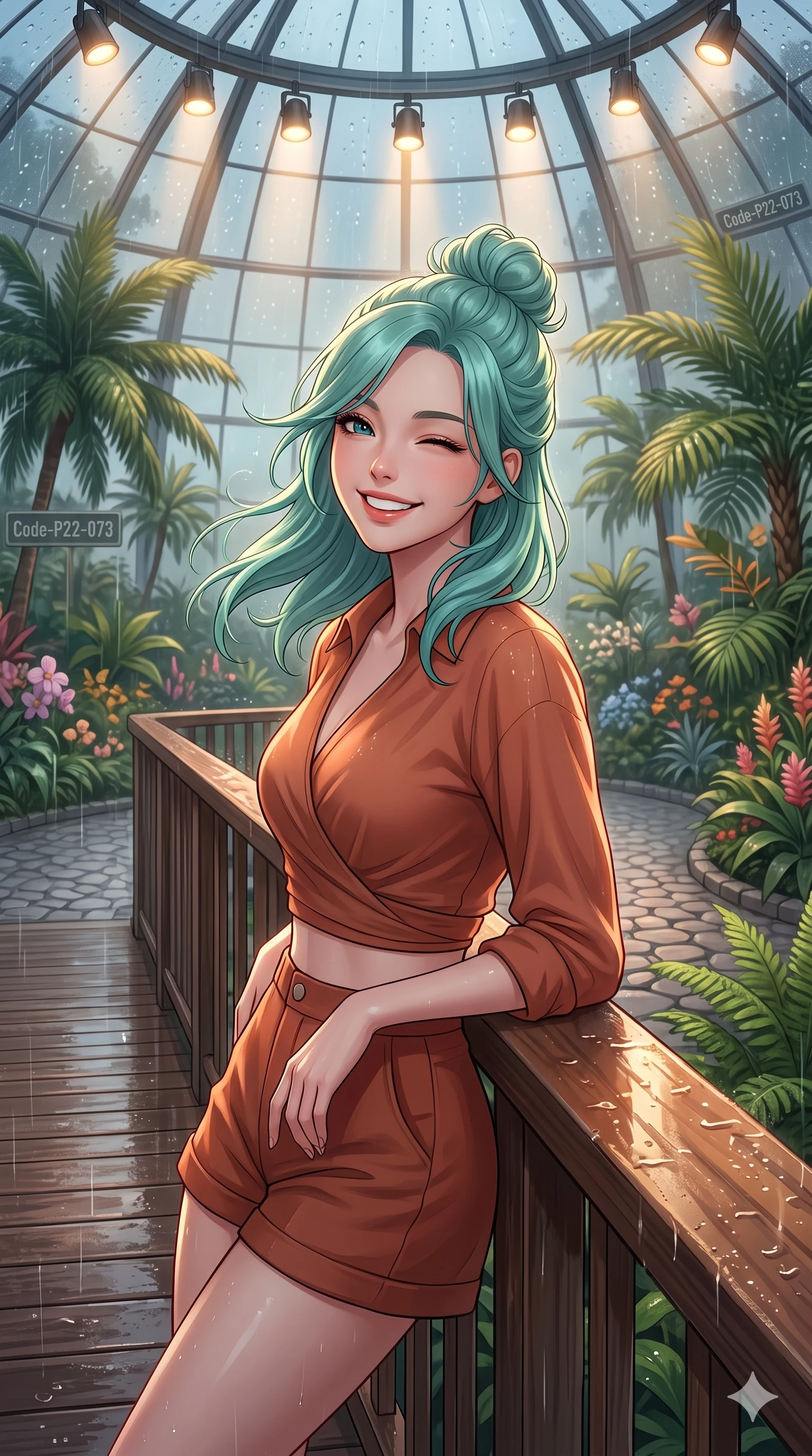 score_9, masterpiece, best quality, ultra-detailed, high-budget anime keyframe, vibrant anime aesthetic, Japanese woman. close-up cowboy shot from the waist and thighs up, the character dominates the composition, filling the frame with her large presence, background elements kept in soft focus. She is leaning back on a wet, rain-slicked railing, winking and smiling delightfully, with a bright, joyful gaze with a soft breath of wind in her hair. on a wooden boardwalk winding through a botanical garden greenhouse filled with exotic palms, under a glass dome (Code-P22-073). She has an absolutely perfect proportion, an exceptionally elegant and slender female figure with an ultra-slim waist. V-shaped jawline, high-bridge nose, intricate jewel-like eyes with depth, thick eyelashes, glossy lips with a natural sheen. wearing a cropped wrap shirt and high-waisted shorts in warm terracotta. She is illuminated by warm overhead spotlights inside the plant conservatory dome, casting soft shadows that enhance her features along the cobblestone alley. 2k, ultra detail, master piece, 9:16 ratio