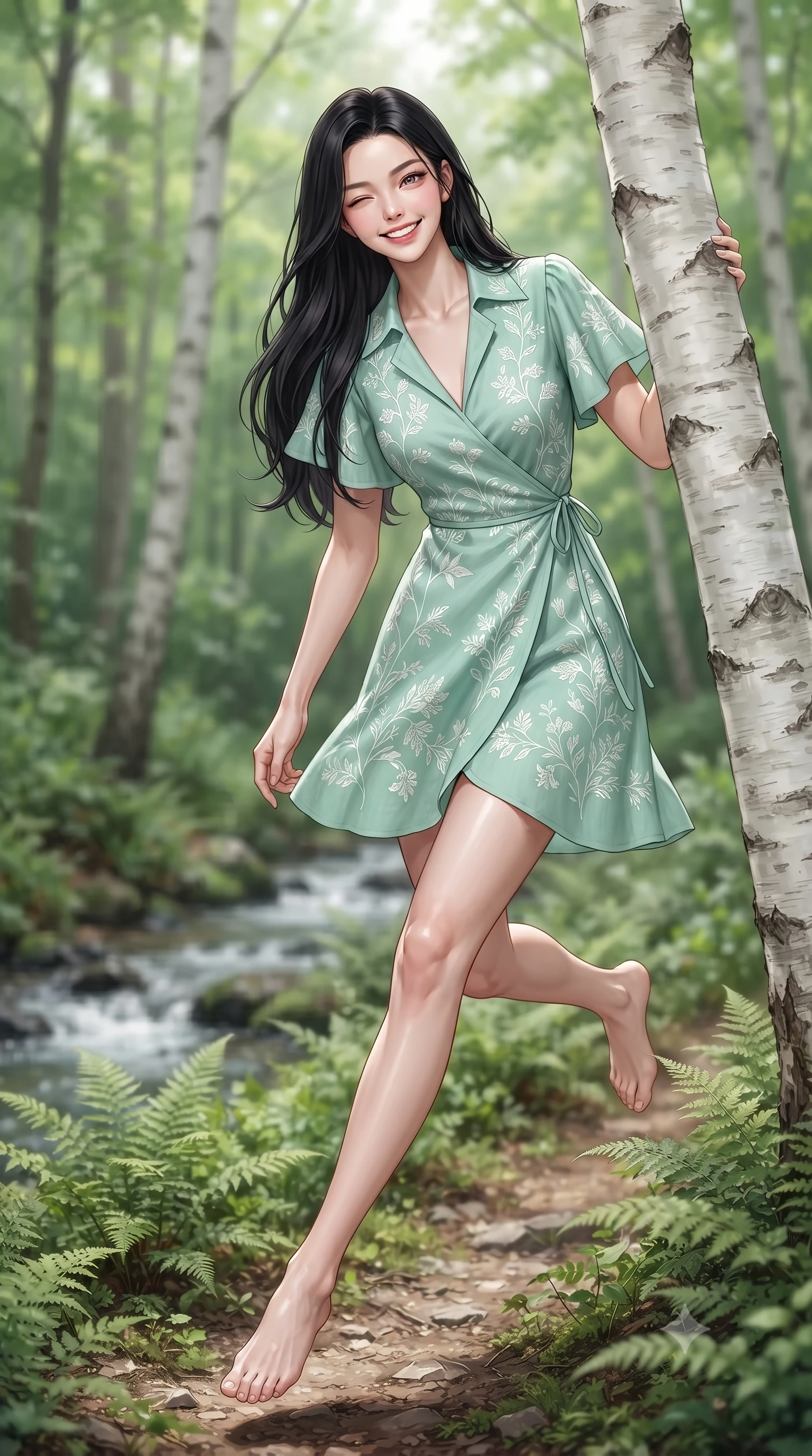 score_9, masterpiece, best quality, ultra-detailed, high-budget anime keyframe, editorial fashion photography, tasteful artistic composition, Korean woman. low angle full-body shot from head to toe showing her feet, filling the entire 9:16 vertical frame with her statuesque presence, stretching her vertical silhouette. leaping with lighthearted youthful energy across the natural path with a dazzling bright smile and balanced athletic poise while peeking playfully from behind a smooth white birch tree trunk with a charming wink and infectious bright smile. The composition keeps background elements in soft focus with creamy bokeh. babbling brook currents and lush fern undergrowth softened by gentle shallow depth of field. She has an absolutely perfect, statuesque 8.5-heads proportion, an exceptionally tall and slender model-like female figure with impossibly long slender legs, a toned flat midriff, and an ultra-slim waist. sharp v-shaped jawline, high-bridge nose, intricate jewel-like eyes with depth, thick eyelashes, glossy lips with a natural sheen, pure and lovely fresh girlhood expression, flawlessly proportioned anatomical accuracy, strict slender model proportions, natural body alignment, perfectly sculpted long slender limbs, ultra-slim waistline, clean dynamic posture without body distortion. wearing a romantic wrap-style linen sundress with subtle botanical embroidery and a dainty waist tie in refreshing mint green and crisp sea-salt white, tailored from crisp organic cotton poplin, featuring elegant flutter sleeves and a graceful open collar, the body-hugging lightweight knit clinging delicately to her slender torso, accentuating her graceful neck and feminine lines. surrounded by a pure, healing, and magically enchanting forest fairy maiden aura. ultra-reflective glossy finish, specular highlights, rich natural textures, high-contrast stereoscopic depth, volumetric dynamic lighting, 2k, ultra detail, master piece, 9:16 ratio