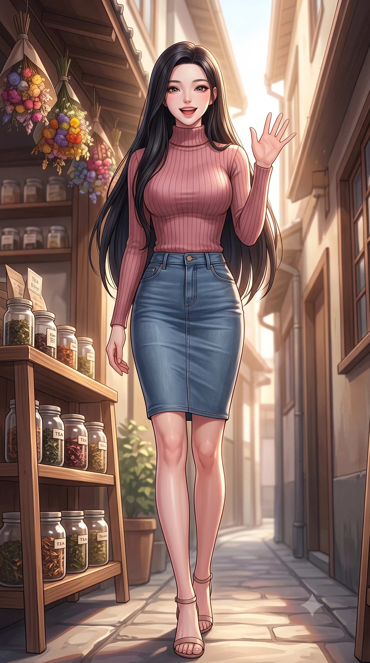 score_9, masterpiece, best quality, ultra-detailed, high-budget anime keyframe, editorial fashion photography, tasteful artistic composition, Korean woman. low angle full-body shot from head to toe showing her feet, filling the entire 9:16 vertical frame with her statuesque presence, stretching her vertical silhouette. stepping forward with a bright, cheerful smile, waving happily at the viewer set against a soft-focus background of outside a cozy tea shop with jars of tea leaves displayed on wooden shelves with a display of colorful dried flower bouquets hanging from the shop roof. She has an absolutely perfect, statuesque 8.5-heads proportion, an exceptionally tall and slender model-like female figure with impossibly long slender legs and an ultra-slim waist. sharp v-shaped jawline, high-bridge nose, intricate jewel-like eyes with depth, thick eyelashes, glossy lips with a natural sheen. wearing slim-fit form-fitting ribbed knit turtleneck in dusty rose, tucked into a slim denim pencil skirt. warm afternoon sunlight filtering down between the narrow alley buildings. highly saturated vibrant anime colors, detailed shading with soft gradients, rich glossy textures, high-contrast stereoscopic depth, volumetric dynamic lighting, master piece, 9:16 ratio