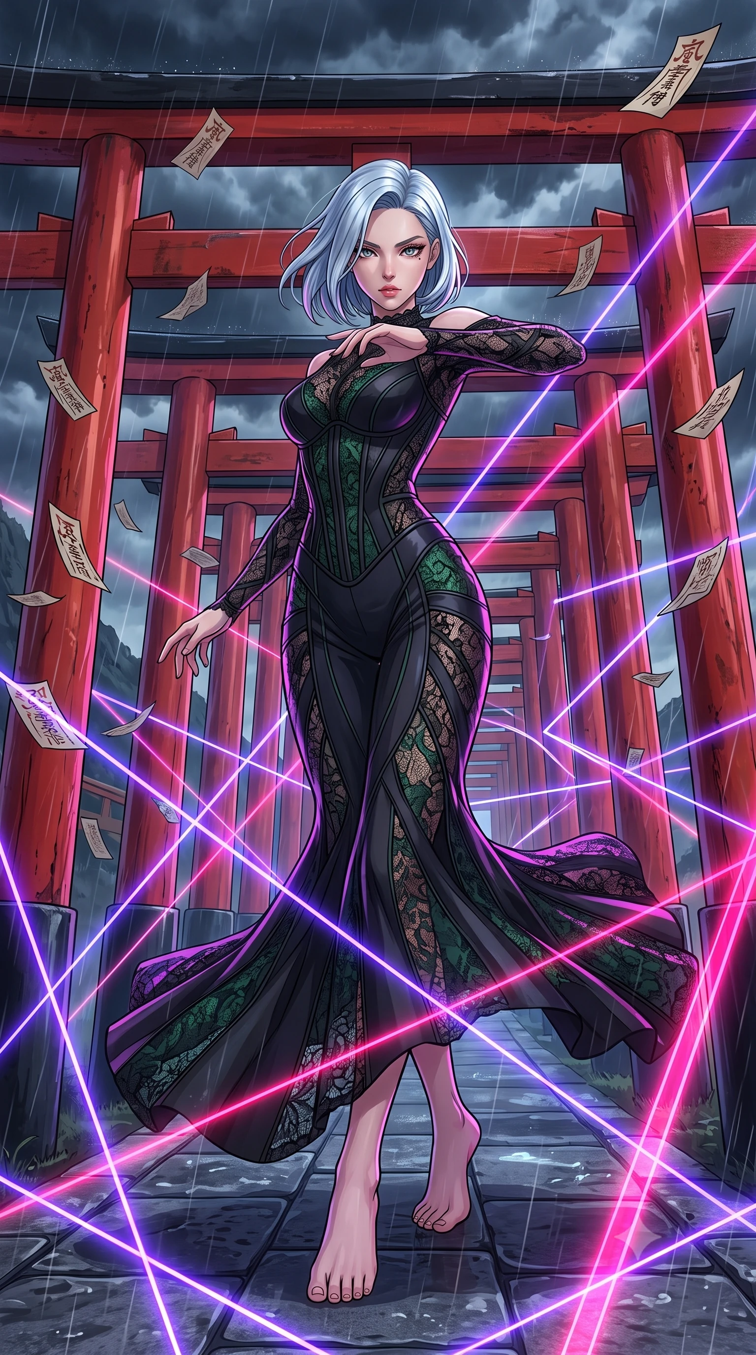 score_9, masterpiece, best quality, ultra-detailed, high-budget anime keyframe, clean line-art, cel-shading, Korean woman. low angle full-body shot from head to toe showing her feet, filling the entire 9:16 vertical frame with her statuesque presence, stretching her vertical silhouette. weaving gracefully through a barrage of glowing obstacles in a blur of motion inside a path of red Japanese torii gates leading up a mountain during a storm, paper talismans peeling and flying in the wind. She has a statuesque 8.5-heads proportion, an exceptionally tall, slender and willowy model-like build with impossibly long legs and a highly sculpted ultra-slim waist. sharp v-shaped jawline, high-bridge nose, intricate jewel-like eyes with depth, thick eyelashes, glossy lips with a natural sheen. wearing tailored for maximum mobility, sleek form-contouring panels that allow fluid movement, a body-hugging deconstructed lace gown in black, detailed with forest green lace panels and corset structure. laser lines of violet and hot pink reflecting off surfaces casting geometric neon highlights. highly saturated vibrant anime colors, intense vivid color palette, volumetric dynamic lighting, 2k, ultra detail, master piece, 9:16 ratio