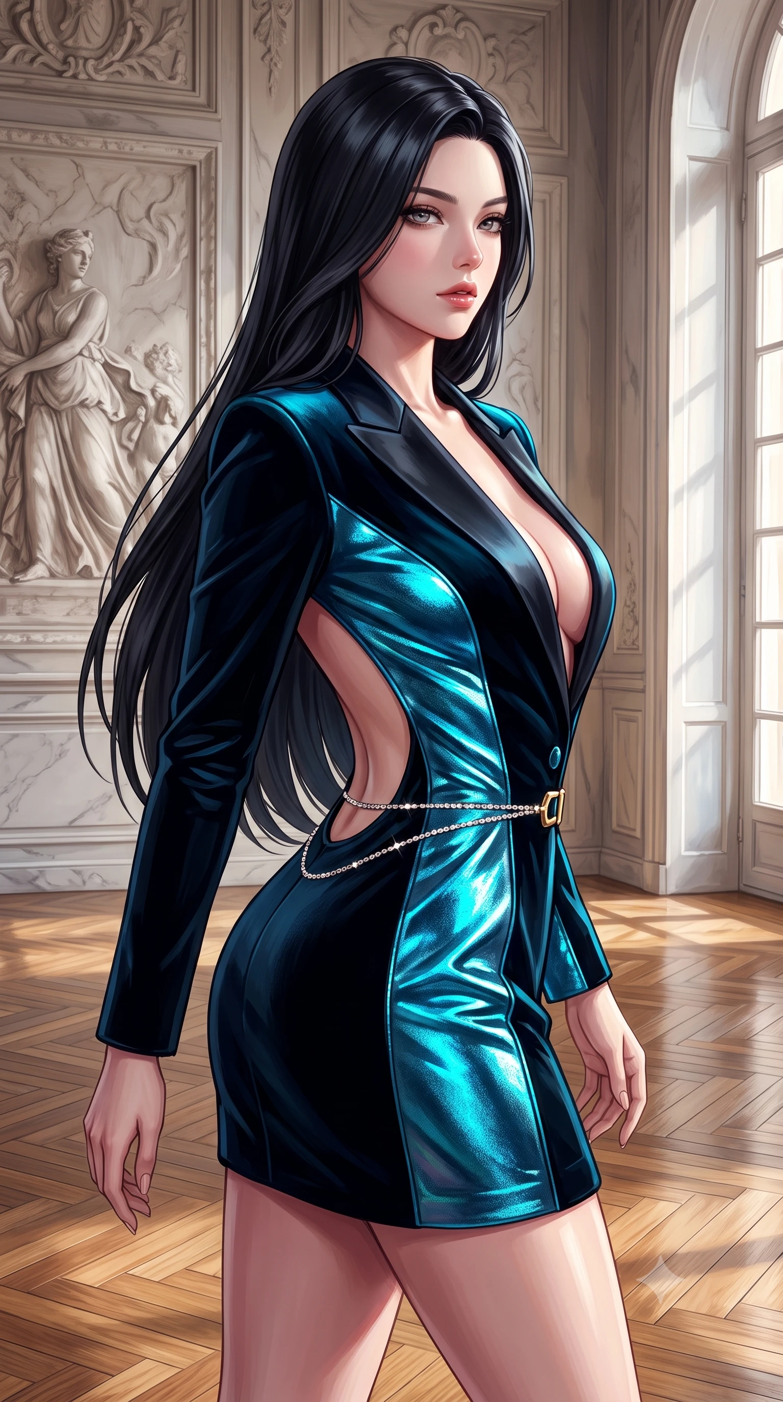 score_9, masterpiece, best quality, ultra-detailed, high-budget anime keyframe, semi-realistic 3D game render, editorial fashion photography, tasteful artistic composition, Korean woman. close-up cowboy shot from the waist and thighs up, the character dominates the composition, filling the frame with her large presence. twisting her slender torso in a deep contrapposto stance, hips dramatically shifted to accentuate her feminine curves while looking past her shoulder with smoldering bedroom-eyes while gliding down the parquet salon floor as morning north light pours through cathedral windows, her dress clinging to her narrow waist. The surrounding environment is rendered in vivid detail and crisp panoramic clarity. sharp oil painting brushstroke textures, carved marble relief, and polished herringbone parquet in deep focus. She has an exceptionally elegant, slender, and willowy female figure with an ultra-slim waist, flat toned midriff, narrow ribcage, and sculpted feminine hips creating an alluring, slim hourglass silhouette without bulk. sharp v-shaped jawline, high-bridge nose, intricate jewel-like eyes with depth, thick eyelashes, glossy parted lips with a natural sheen, intensely captivating and seductive bedroom-eyes expression, flawlessly proportioned anatomical accuracy, strict slender model proportions, natural body alignment, perfectly sculpted long slender limbs, ultra-slim waistline, clean dynamic posture without body distortion. wearing a tailored velvet tuxedo jacket dress with satin lapels, worn with a deep plunge neckline and gold hip buckle in neon electric cyan and lacquer black, crafted from luxurious metallic lamé that shifts radiance with every step, accented with a dainty diamond waist chain catching the ambient light reflections, the precision-cut side openings and low-back scoop framing her graceful spine and the sensual sweep of her slim, toned hips. bathed in dramatic natural north skylight streaming through cathedral windows (Chiaroscuro North Light). highly saturated vibrant anime colors, detailed shading with soft gradients, rich glossy textures, high-contrast stereoscopic depth, volumetric dynamic lighting, master piece, 9:16 ratio