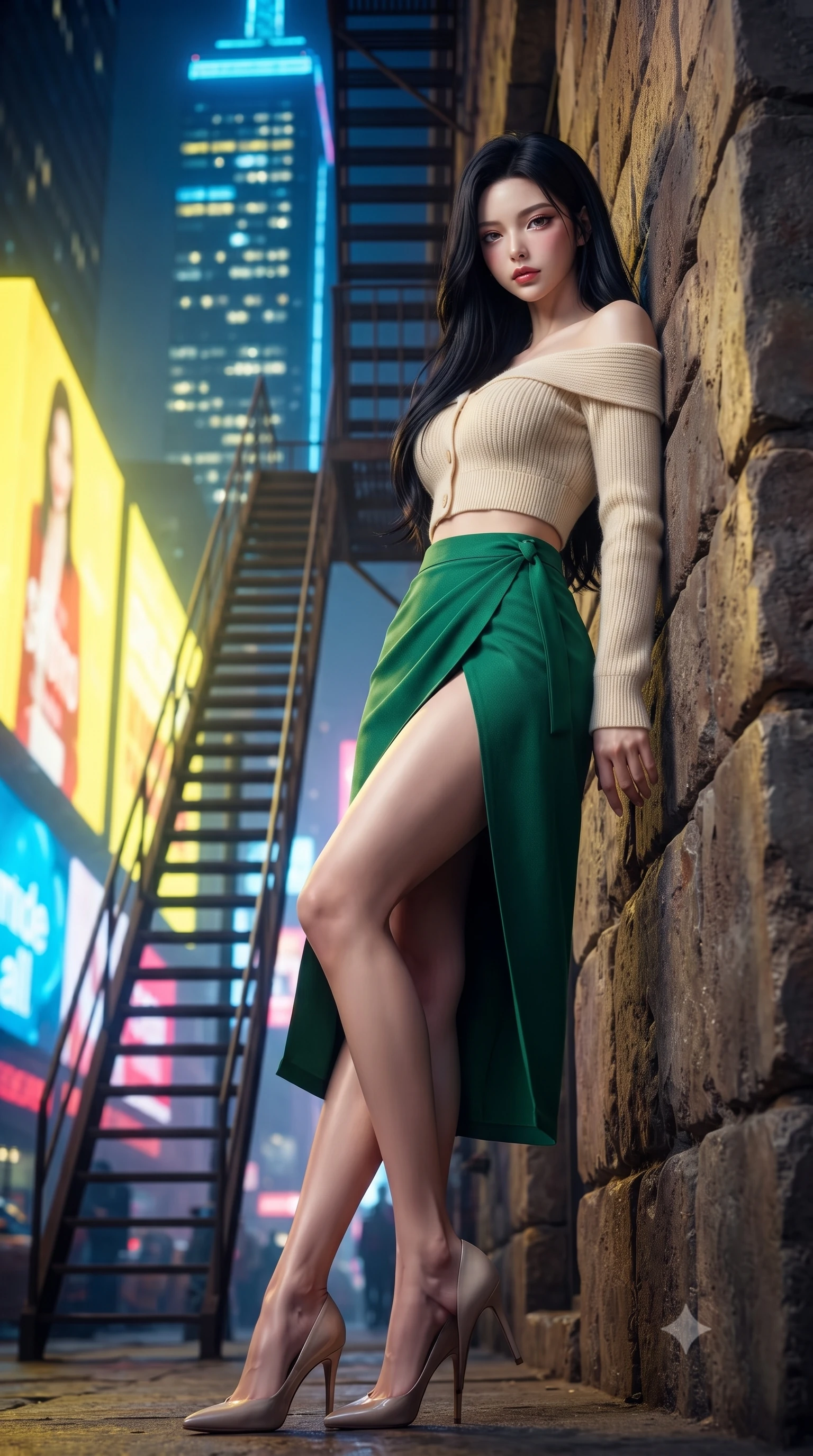 score_9, masterpiece, best quality, ultra-detailed, high-budget anime keyframe, editorial fashion photography, tasteful artistic composition, Korean woman. low angle full-body shot from head to toe showing her feet, filling the entire 9:16 vertical frame with her statuesque presence, stretching her vertical silhouette. leaning back against a rustic stone wall, casting a slow, alluring gaze at the camera the background shows a soft-focus a narrow fire escape stairs attached to a towering neon skyscraper. She has an absolutely perfect, statuesque 8.5-heads proportion, an exceptionally tall and slender model-like female figure with impossibly long slender legs and an ultra-slim waist. sharp v-shaped jawline, high-bridge nose, intricate jewel-like eyes with depth, thick eyelashes, glossy lips with a natural sheen. wearing a tailored cropped off-shoulder knit top in cream paired with a high-slit wrap skirt in emerald green. intense yellow and blue ambient glow from the massive advertisements across the street. ultra-reflective glossy finish, specular highlights, metallic sheen, high-contrast stereoscopic depth, volumetric dynamic lighting, 2k, ultra detail, master piece, 9:16 ratio