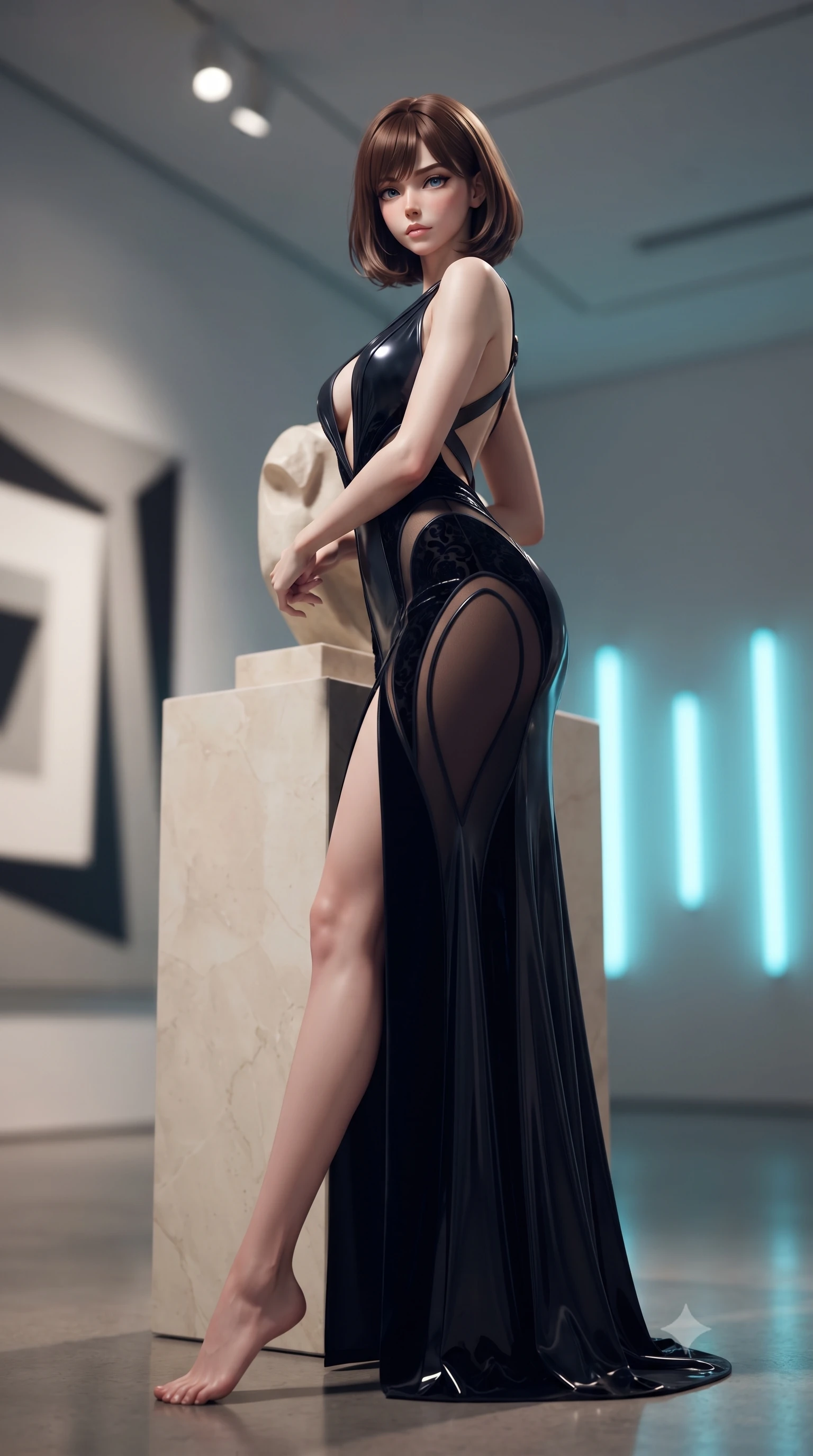 score_9, masterpiece, best quality, ultra-detailed, high-budget anime keyframe, editorial fashion photography, tasteful artistic composition, Caucasian woman. low angle full-body shot from head to toe showing her feet, filling the entire 9:16 vertical frame with her statuesque presence, stretching her vertical silhouette. striding forward in a proud supermodel runway stride, hips swaying in an alluring kinetic rhythm that accentuates her curvy hourglass silhouette while leaning back against the pedestal of a minimalist marble sculpture with hips cocked, casting a cool, intellectual, and smoldering gaze at the camera. The composition keeps background elements in soft focus with creamy bokeh. monumental geometric op-art canvases and minimalist neon wall tubes blurred into crisp alabaster, charcoal, and electric cyan bokeh. She has an exceptionally tall and slender model-like 8.5-heads proportion, an ultra-slim waist, a flat toned midriff, narrow delicate ribcage, and beautifully sculpted feminine hips creating a graceful, slim hourglass silhouette without any bulky heaviness, with impossibly long slender legs. sharp v-shaped jawline, high-bridge nose, intricate jewel-like eyes with depth, thick eyelashes, glossy parted lips with a natural sheen, intensely captivating and seductive bedroom-eyes expression, flawlessly proportioned anatomical accuracy, strict slender model proportions, natural body alignment, perfectly sculpted long slender limbs, ultra-slim waistline, clean dynamic posture without body distortion. wearing a liquid-silk jersey evening gown with an ultra-deep plunging open back descending to the base of her spine and a sculpted hip-hugging skirt in midnight obsidian black and liquid gold, made of sheer contouring power-mesh with velvet flocking patterns, featuring an open-back criss-cross harness strap in dark leather, the glove-like aerodynamic silhouette tightly following the natural contour of her hips and long slender legs with statuesque 8.5-heads elegance. bathed in precise museum directional spotlights from above and soft floor-level ambient fill. ultra-reflective glossy finish, specular highlights, rich textural contrasts, high-contrast stereoscopic depth, volumetric dynamic lighting, 2k, ultra detail, master piece, 9:16 ratio