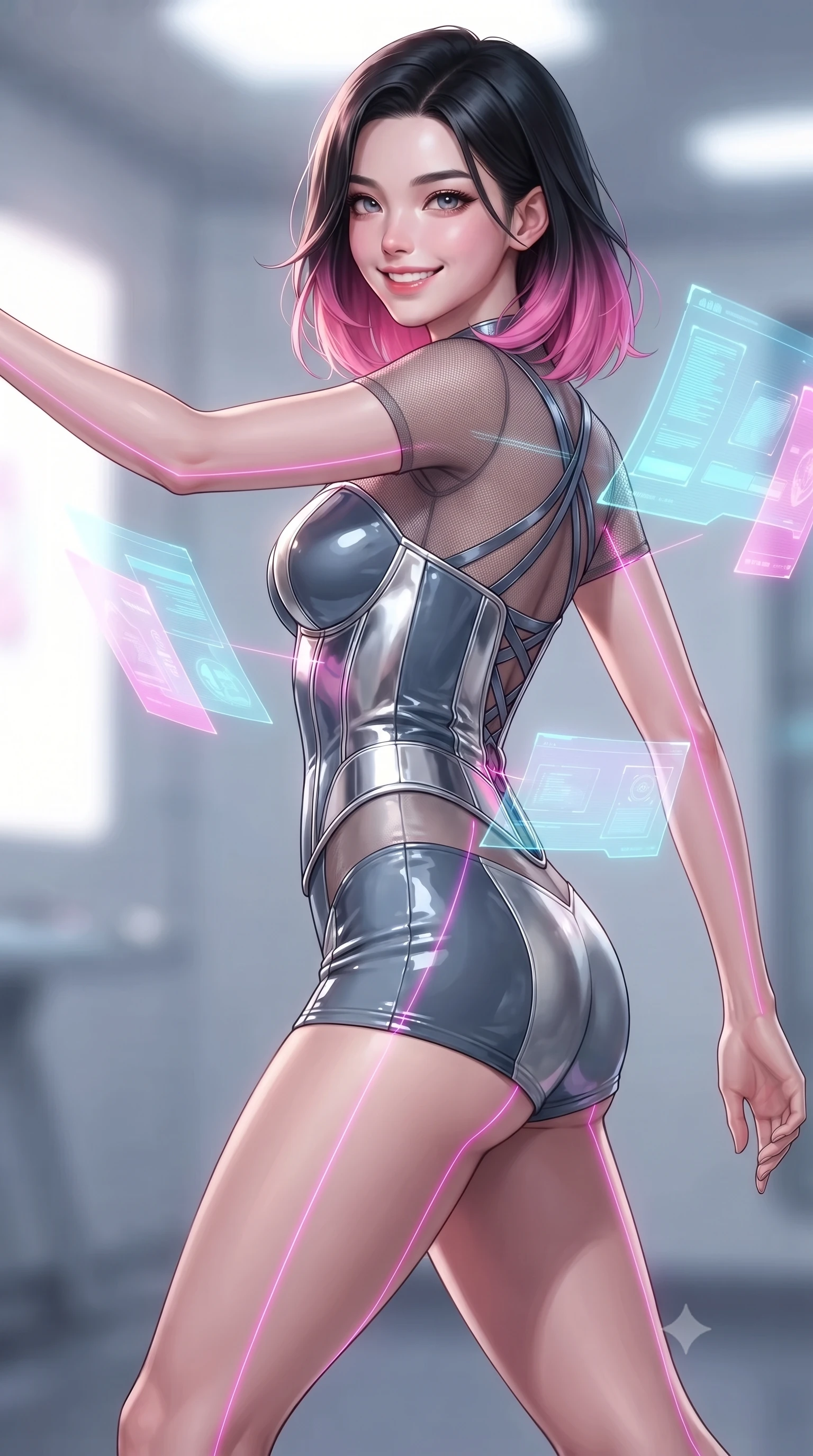 score_9, masterpiece, best quality, ultra-detailed, high-budget anime keyframe, editorial fashion photography, tasteful artistic composition, Korean woman. close-up cowboy shot from the waist and thighs up, the character dominates the composition, filling the frame with her large presence, background elements kept in soft focus. Extending one arm in an elegant stretch toward the light while smiling with magnetic self-assurance while pivoting in a mid-stride turn as neon magenta laser lines trace her statuesque curves, translucent cyan and magenta holographic panels hovering dynamically around her. She has an exceptionally elegant, slender, and willowy female figure with an ultra-slim waist, a gracefully sculpted slender torso, and a refined silhouette. sharp v-shaped jawline, high-bridge nose, intricate jewel-like eyes with depth, thick eyelashes, glossy lips with a natural sheen, flawlessly proportioned anatomical accuracy, natural body alignment, perfectly sculpted elegant limbs, clean dynamic posture without body distortion. wearing a chrome-plated structured bodice worn over a sheer mesh top and micro-shorts in slate blue and metallic silver, tailored from high-gloss patent leather, complemented by criss-cross back straps highlighting her bare shoulders, the elegant draped fit framing her graceful clavicle and slender torso. illuminated by radiant holographic displays and intense laser beam highlights. ultra-reflective glossy finish, specular highlights, metallic sheen, high-contrast stereoscopic depth, volumetric dynamic lighting, 2k, ultra detail, master piece, 9:16 ratio