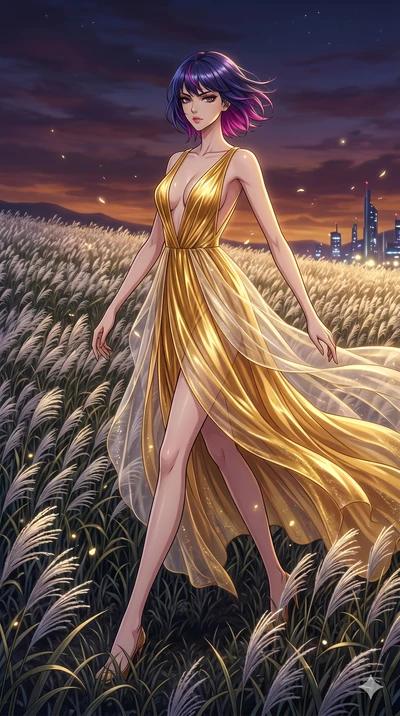 score_9, masterpiece, best quality, ultra-detailed, High-budget Anime Keyframe, East Asian woman. Dynamic full-body shot stretching the vertical silhouette to the limit. Scenario 208: Walking through a field of tall silver grass at twilight. Her pres