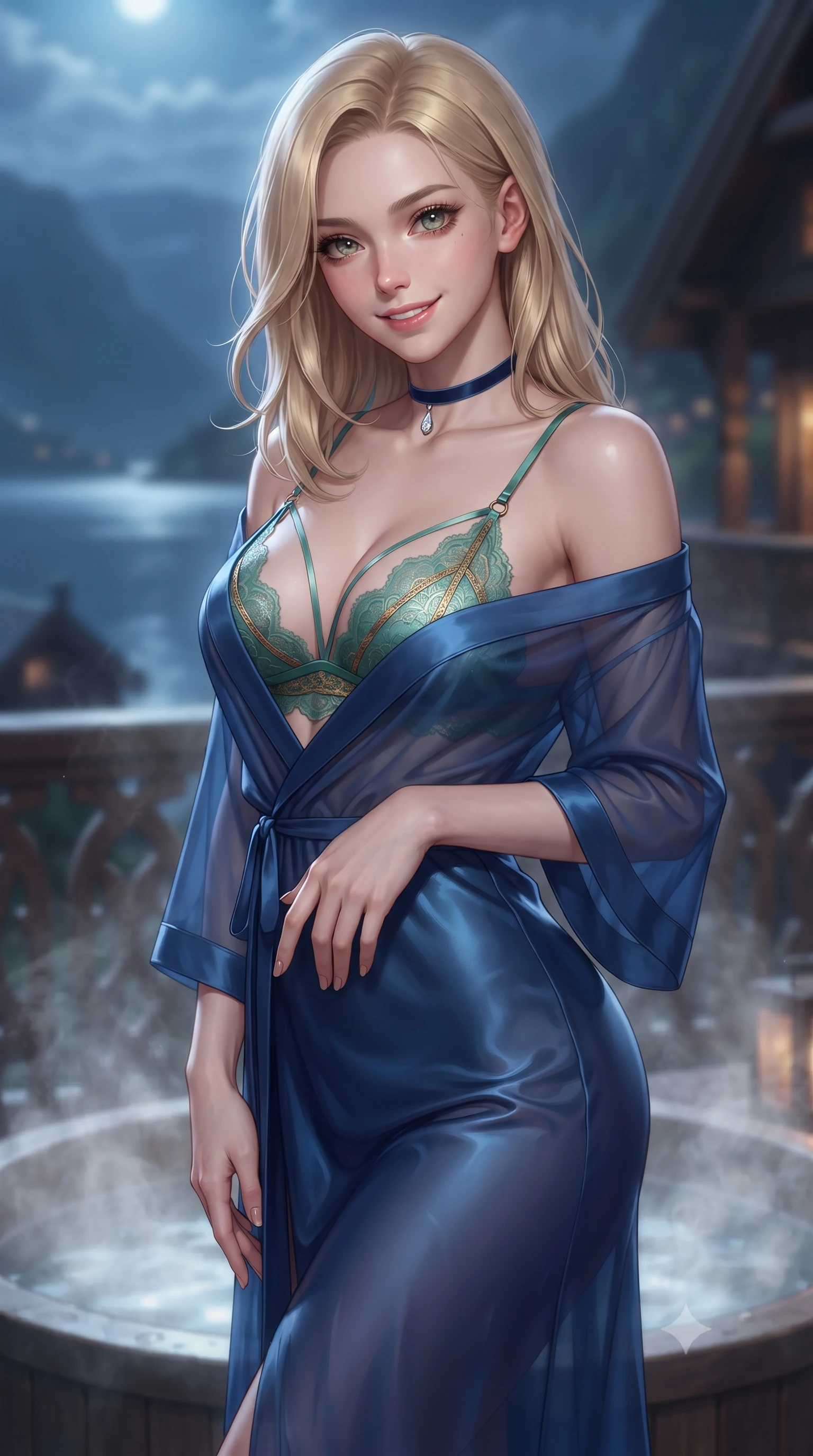 score_9, masterpiece, best quality, ultra-detailed, high-budget anime keyframe, editorial fashion photography, tasteful artistic composition, Korean woman. close-up cowboy shot from the waist and thighs up, the character dominates the composition, filling the frame with her large presence. tilting her head with a teasing half-smile, running one hand slowly down the side of her hip in a flirtatious S-curve as ambient light caresses her silhouette while twisting her slender torso in an alluring S-curve, rising thermal vapor and moonlight wrapping around her narrow waist and hips. The surrounding environment is rendered in vivid detail and crisp panoramic clarity: detailed backless sheer illusion mesh catsuit, crystalline silver flocking, and Norwegian timber craft in high resolution. She has an exceptionally elegant, slender, and willowy female figure with an ultra-slim waist, flat toned midriff, narrow ribcage, and sculpted feminine hips creating an alluring, slim hourglass silhouette without bulk. sharp v-shaped jawline, high-bridge nose, intricate jewel-like sparkling eyes with depth, thick eyelashes, glossy parted lips with a natural peach sheen, bright cheerful beaming smile with an enchanting and coquettish sensual glint, exuding both youthful cute charm and seductive allure, flawlessly proportioned anatomical accuracy, strict slender model proportions, natural body alignment, perfectly sculpted long slender limbs, ultra-slim waistline, clean dynamic posture without body distortion. wearing a delicate translucent cashmere-gauze boudoir robe with faux-fur trimmed cuffs slipping off bare shoulders over a strappy lace bralette in French Concession jade green and gilded bronze, crafted from fluid liquid silk satin that clings smoothly to her narrow waist and rounded hips with a dewy sheen, finished with a thin velvet ribbon choker and a single teardrop diamond pendant, the glove-like clinging cut tightly following the natural contour of her hips and long slender legs with youthful 8.5-heads elegance. illuminated by steaming tub caustics bounce and sharp silver-cyan rim lights defining her dewy collarbones, ultra-slim waist, and curvy hips. ultra-reflective glossy finish, specular highlights, rich textural contrasts, high-contrast stereoscopic depth, volumetric dynamic lighting, 2k, ultra detail, master piece, 9:16 ratio