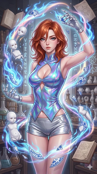 score_9, masterpiece, best quality, ultra-detailed, high-budget anime keyframe, Caucasian woman, strictly human ears. upper body close-up from the thighs up, character filling the screen for maximum presence. assisting in an alchemical porcelain work
