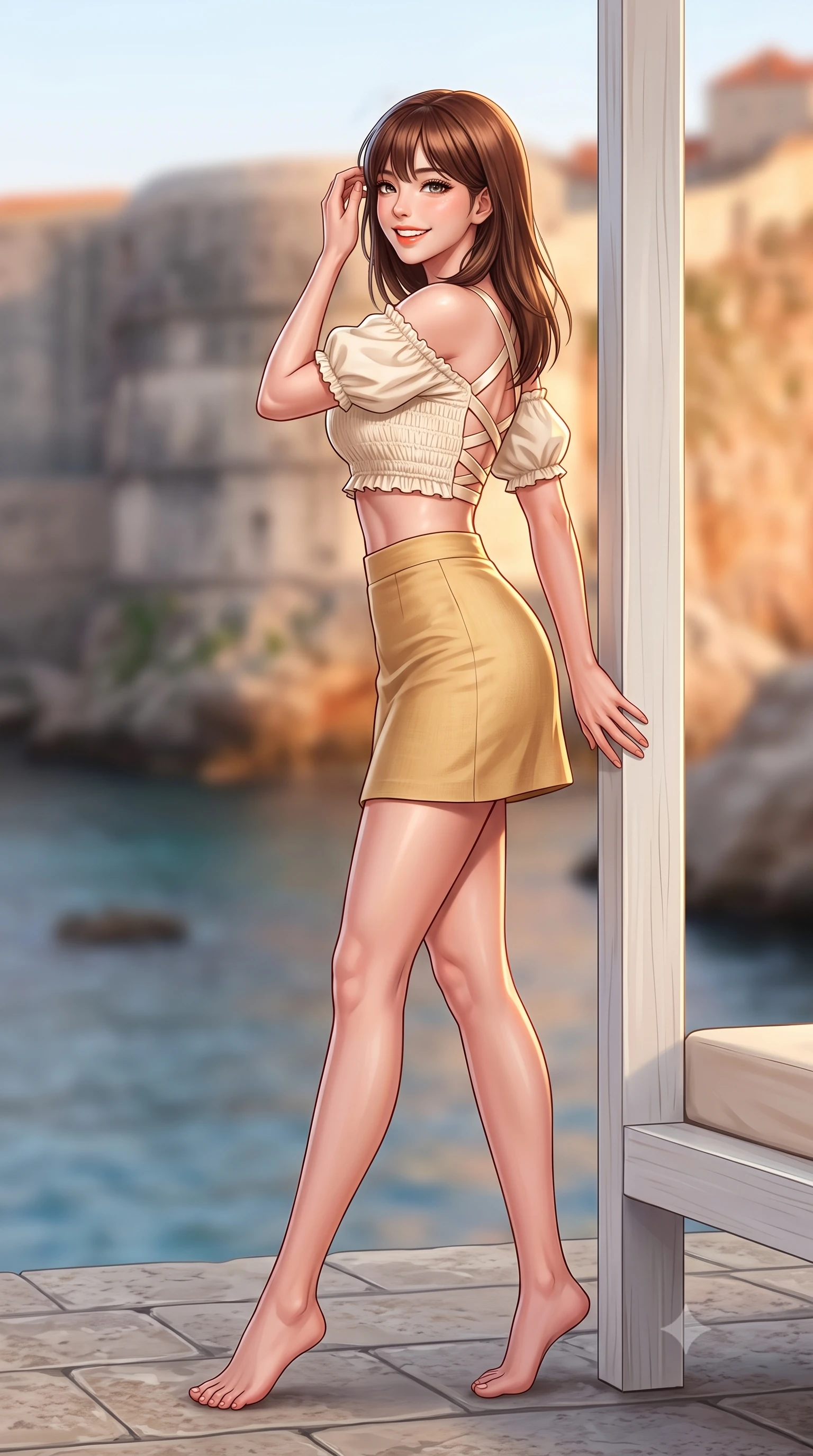 score_9, masterpiece, best quality, ultra-detailed, high-budget anime keyframe, semi-realistic 3D game render, editorial fashion photography, tasteful artistic composition, Korean woman. low angle full-body shot from head to toe showing her feet, filling the entire 9:16 vertical frame with her statuesque presence, stretching her vertical silhouette. stepping forward gracefully across the terrace in mid-motion with a radiant beaming smile, hips swaying in an alluring kinetic rhythm that accentuates her curvy hourglass silhouette and long slender legs while leaning against the white timber cabana post with hips cocked back, looking over her shoulder with an enchanting, playful beach smile. The composition keeps background elements in soft focus with dreamy creamy bokeh. the massive stone ramparts of Dubrovnik Old Town and the tranquil Adriatic sea blurred into rich apricot, stone gray, and sapphire bokeh. She has an exceptionally tall and slender model-like 8.5-heads proportion, an ultra-slim waist, a flat toned midriff, narrow delicate ribcage, and beautifully sculpted feminine hips creating a graceful, slim hourglass silhouette without any bulky heaviness, with impossibly long slender legs. sharp v-shaped jawline, high-bridge nose, sparkling amber-hazel eyes with depth, long lush eyelashes, glossy sun-kissed lips with a warm coral glaze, radiant teasing smile with sensual sunlit bedroom-eyes, exuding effortless old-money elegance and intoxicating sun-drenched allure, flawlessly proportioned anatomical accuracy, strict slender model proportions, natural body alignment, perfectly sculpted long slender limbs, ultra-slim waistline, clean dynamic posture without body distortion. wearing a chic off-shoulder smocked crop blouse paired with a tight high-waisted linen A-line mini skirt emphasizing her curvy hips in warm champagne ivory and sun-kissed golden sand, tailored from crisp cotton poplin with clean structural architectural lines, finished with criss-cross back satin straps highlighting her graceful shoulder blades, the glove-like silhouette tightly following the natural contour of her hips and long slender legs with youthful 8.5-heads elegance. illuminated by sea reflection fill and sharp golden rim lights defining her sculpted midriff, narrow waist, and curvy hips. highly saturated vibrant anime colors, detailed shading with soft gradients, rich glossy textures, high-contrast stereoscopic depth, volumetric dynamic lighting, master piece, 9:16 ratio