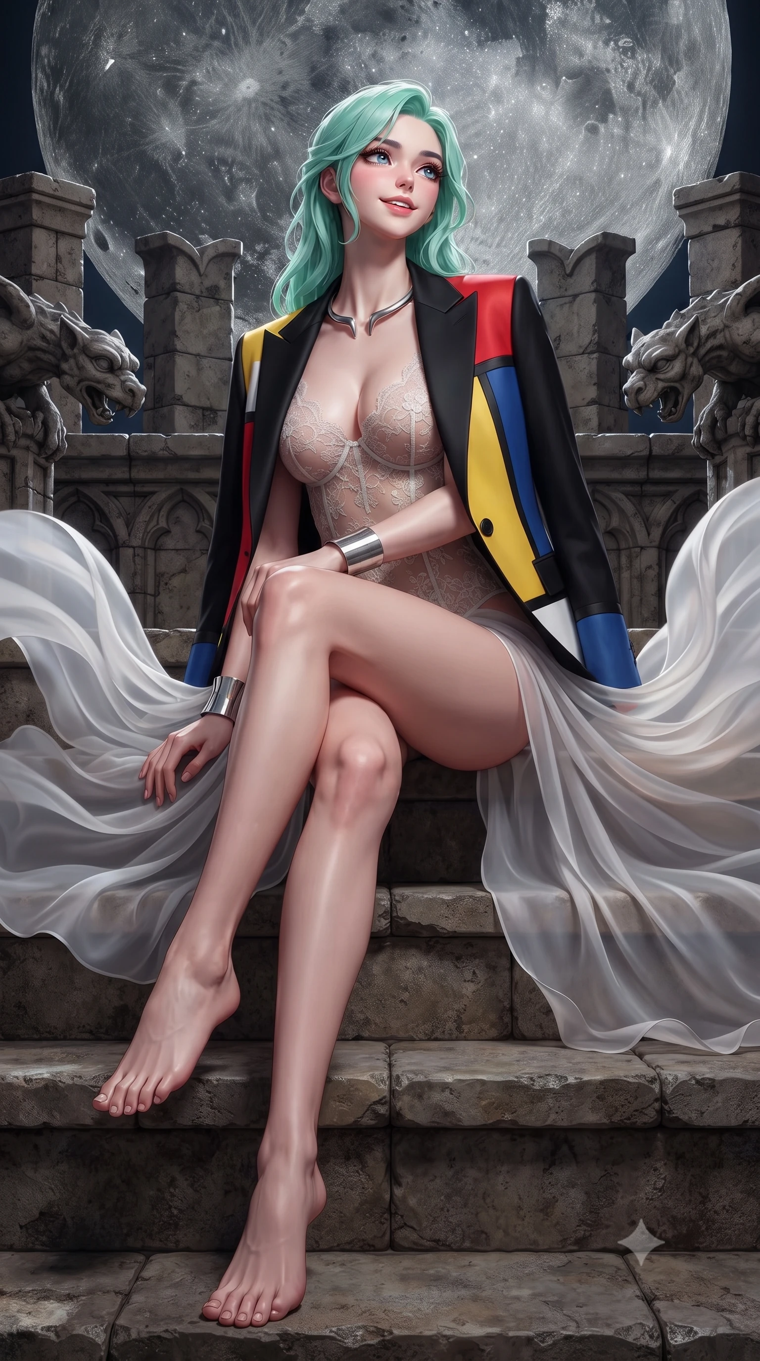 score_9, masterpiece, best quality, ultra-detailed, high-budget anime keyframe, editorial fashion photography, tasteful artistic composition, Japanese woman. low angle full-body shot from head to toe showing her feet, filling the entire 9:16 vertical frame with her statuesque presence, stretching her vertical silhouette. sitting poised on the stone steps with one knee bent, arching her spine with supermodel elegance as she glances upward through thick eyelashes while twisting her slender torso in an alluring contrapposto stance, night winds billowing her sheer silk train around her long slender legs and curvy hips. The surrounding environment is rendered in vivid detail and crisp panoramic clarity: sharp weathered stone crenelations, carved granite gargoyle claws, and lunar crater surface details in deep focus. She has an absolutely perfect, statuesque 8.5-heads proportion, an exceptionally tall and slender model-like female figure with impossibly long slender legs, an ultra-slim waist, a flat toned midriff, narrow delicate ribcage, and beautifully sculpted feminine hips creating a graceful, slim hourglass silhouette without any bulky heaviness. sharp v-shaped jawline, high-bridge nose, sparkling eyes with hypnotic seductive depth, thick curled eyelashes, glossy parted lips with a natural dewy peach sheen, alluring bedroom-eyes with an enchanting coquettish smile, exuding magnetic siren charisma and sophisticated glamour, flawlessly proportioned anatomical accuracy, strict slender model proportions, natural body alignment, perfectly sculpted long slender limbs, ultra-slim waistline, clean dynamic posture without body distortion. wearing a delicate sheer floral lace teddy layered under an open tailored black tuxedo blazer draped over bare shoulders in Mondrian primary red, canary yellow, and electric cobalt blue, crafted from smooth liquid-tight stretch jersey emphasizing every curve of her body, finished with a sculptural silver torque collar and a matching wide architectural wrist cuff, the form-contouring silhouette accentuating her sculpted flat midriff, narrow delicate ribcage, and gracefully curvy hips with intoxicating allure. illuminated by stone parapet reflection fill and sharp deep-crimson rim lights sculpting her jawline, flat midriff, and curvy hips. ultra-reflective glossy finish, specular highlights, rich textural contrasts, high-contrast stereoscopic depth, volumetric dynamic lighting, 2k, ultra detail, master piece, 9:16 ratio