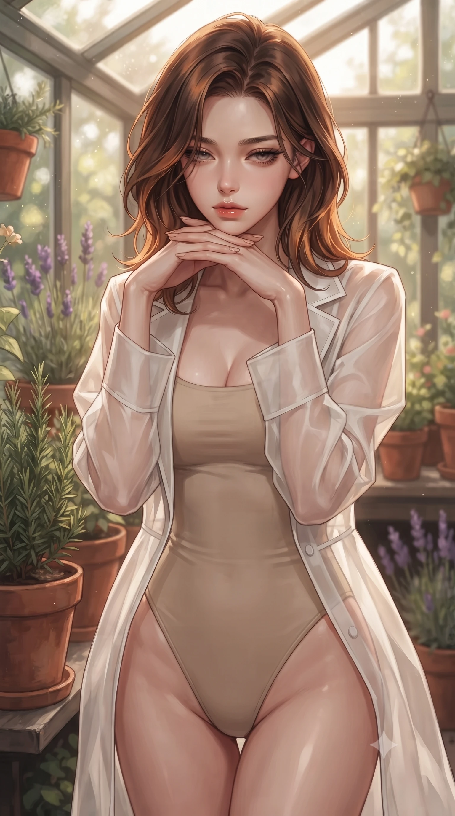 score_9, masterpiece, best quality, ultra-detailed, high-budget anime keyframe, editorial fashion photography, tasteful artistic composition, Korean woman woman. close-up cowboy shot from the waist and thighs up, the character dominates the composition, filling the frame with her large presence, background elements kept in soft focus. resting her chin on the backs of her fingers, casting a heavy-lidded, sultry look past the camera the background shows a soft-focus a cozy garden greenhouse, surrounded by terracotta pots, rosemary, and lavender. She has an exceptionally elegant, slender, and willowy female figure with an ultra-slim waist, a gracefully sculpted slender torso, and a refined silhouette. sharp v-shaped jawline, high-bridge nose, intricate jewel-like eyes with depth, thick eyelashes, glossy lips with a natural sheen. wearing a tailored sheer white organza resort cover-up worn over a form-fitting one-piece swimsuit, showing her elegant clavicle lines. warm, diffused daylight creating a quiet and productive mood. ultra-reflective glossy finish, specular highlights, metallic sheen, high-contrast stereoscopic depth, volumetric dynamic lighting, 2k, ultra detail, master piece, 9:16 ratio