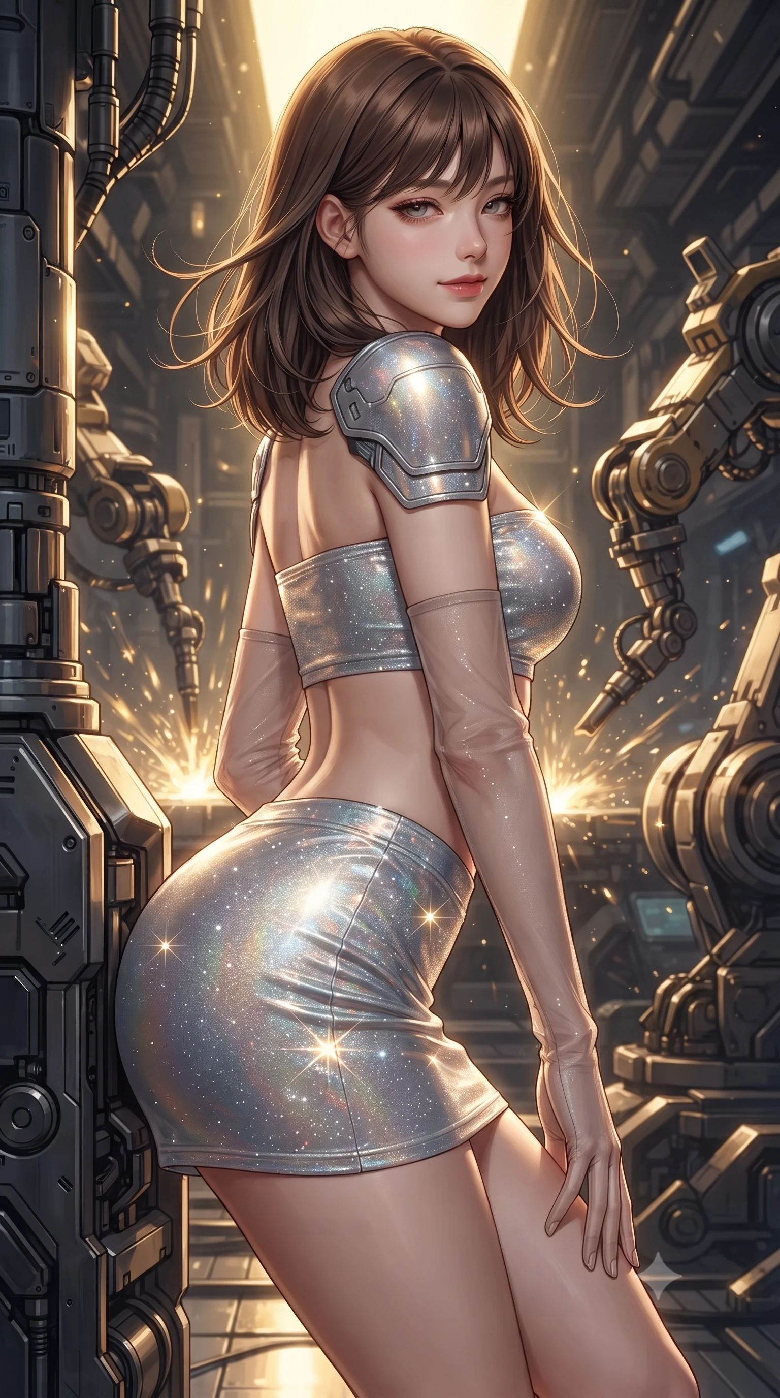 score_9, masterpiece, best quality, ultra-detailed, high-budget anime keyframe, editorial fashion photography, tasteful artistic composition, Korean woman. close-up cowboy shot from the waist and thighs up, the character dominates the composition, filling the frame with her large presence. turning slowly with an enchanting smoldering smile, her glossy hair tossing in the breeze as her hips angle gracefully in a captivating contrapposto while leaning against the magnetic stabilization pylon with hips cocked back, watching floating composite armor slabs maneuver into position with heavy-lidded bedroom-eyes. The surrounding environment is rendered in vivid detail and crisp panoramic clarity: sharp ablative armor plate seams, hydraulic robotic arm joints, and crisp glowing weld beads in deep focus. She has an exceptionally elegant, slender, and willowy female figure with an ultra-slim waist, flat toned midriff, narrow ribcage, and sculpted feminine hips creating an alluring, slim hourglass silhouette without bulk. sharp v-shaped jawline, high-bridge nose, intricate jewel-like sparkling eyes with depth, thick eyelashes, glossy parted lips with a natural peach sheen, bright cheerful beaming smile with an enchanting and coquettish sensual glint, exuding both youthful cute charm and seductive allure, flawlessly proportioned anatomical accuracy, strict slender model proportions, natural body alignment, perfectly sculpted long slender limbs, ultra-slim waistline, clean dynamic posture without body distortion. wearing an ultra-cropped tactical tech-wear bandeau top with molded shoulder armor paired with a micro mini skirt revealing her flat toned midriff in iridescent mother-of-pearl and liquid molten silver, woven from stretch metallic lurex jersey casting radiant starlight glints across her curves, complemented by sheer opera-length evening gloves tracing her slender arms, the bespoke structured tailoring following the natural line of her 8.5-heads silhouette with refined elegance. bathed in high-contrast golden welding arcs contrasted with deep obsidian shadow gradients and starlight. ultra-reflective glossy finish, specular highlights, rich textural contrasts, high-contrast stereoscopic depth, volumetric dynamic lighting, 2k, ultra detail, master piece, 9:16 ratio