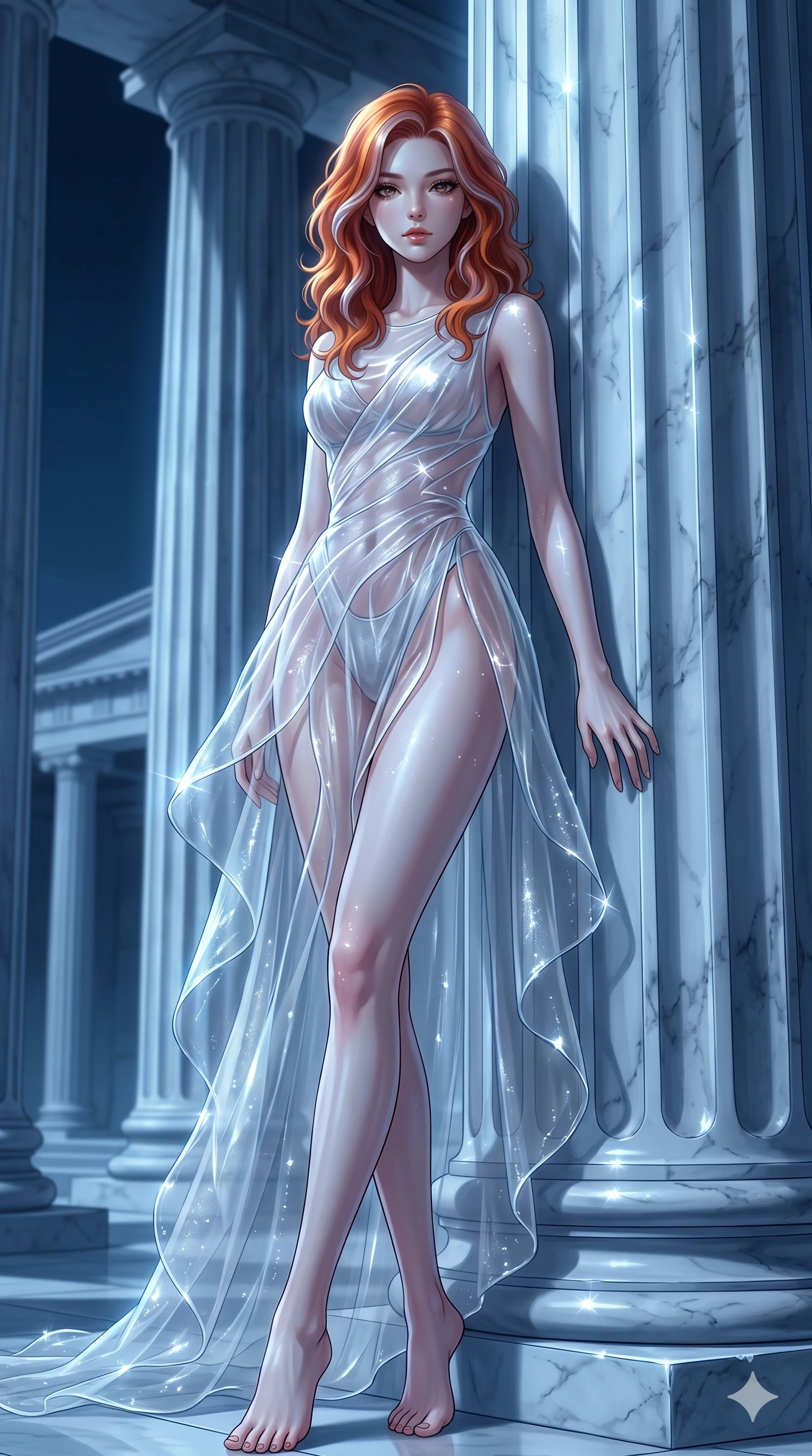 score_9, masterpiece, best quality, ultra-detailed, High-budget Anime Keyframe, East Asian woman. Low angle cowboy shot filling the entire 9:16 frame with her statuesque presence. Scenario 33: Leaning against a cold marble pillar in a moonlit greek temple. Her presence is magnetic and overpowering in this high-budget anime scene. Outfit 33: A sheer organza liquid with a high-cut leg line and translucent layers. The clothing is designed to emphasize her exceptionally tall and slender 8-heads proportion. 8-heads proportion, towering silhouette, ultra-slim waist. sharp v-shaped jawline, intricate jewel-like eyes with depth, thick eyelashes, glossy lips. 2k, ultra detail, master piece, 9:16 ratio
