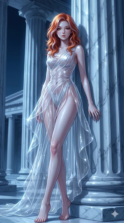 score_9, masterpiece, best quality, ultra-detailed, High-budget Anime Keyframe, East Asian woman. Low angle cowboy shot filling the entire 9:16 frame with her statuesque presence. Scenario 33: Leaning against a cold marble pillar in a moonlit greek t
