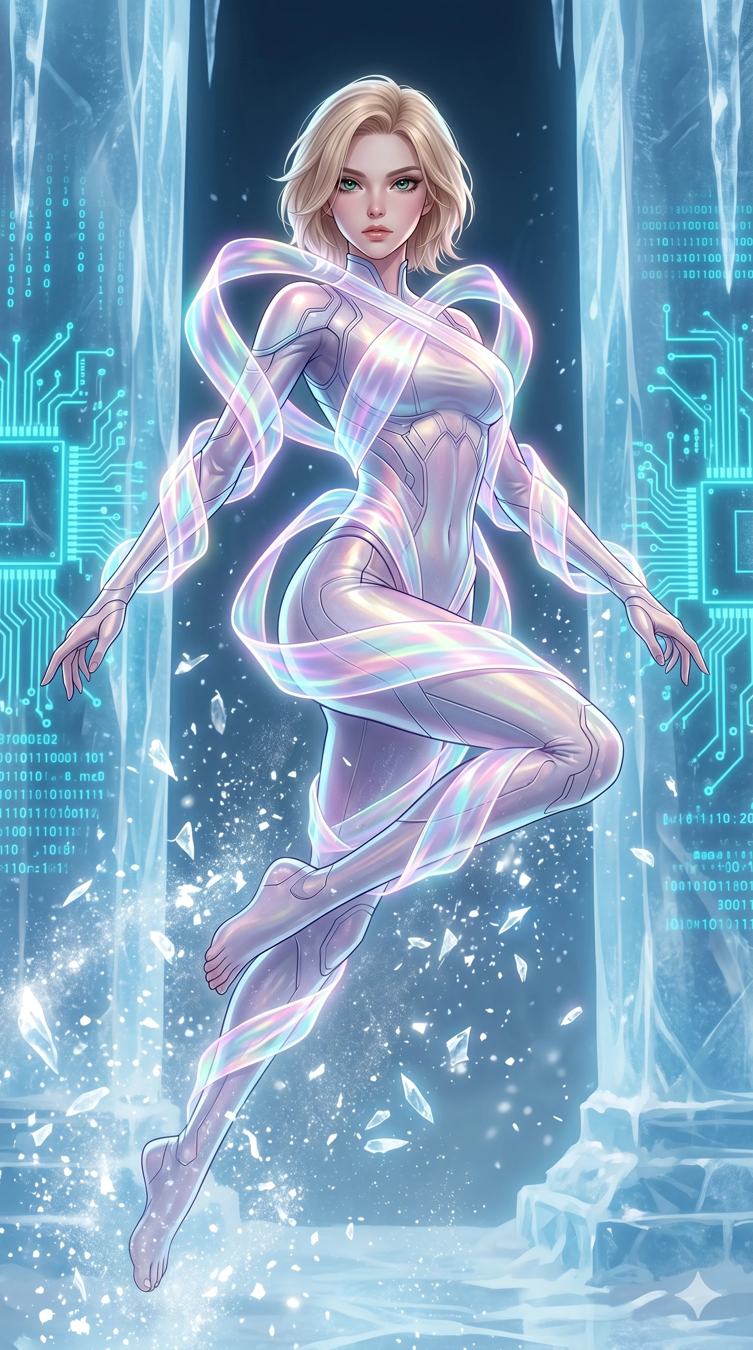 score_9, masterpiece, best quality, ultra-detailed, high-budget anime keyframe, Caucasian woman, strictly human ears. upper body close-up from the thighs up, character filling the screen for maximum presence. leaping inside a sub-zero cybernetic ice temple, where glowing neon cyan computer circuit boards are frozen within transparent ice pillars, fracturing ice crystals into sparkles around her. She has an absolutely perfect 8-heads proportion, an exceptionally tall and slender female figure with impossibly long slender legs and an ultra-slim waist. V-shaped jawline, high-bridge nose, intricate jewel-like eyes with depth, thick eyelashes, glossy lips with a natural sheen.. wearing a cybernetic bodysuit with a holographic ribbon, featuring a skin-tight contouring bodysuit wrapped in a translucent flowing holographic organza ribbon. enhanced by a luminous pastel spectrum glow, casting elegant rim lights on her shoulders and jawline. 2k, ultra detail, master piece, 9:16 ratio